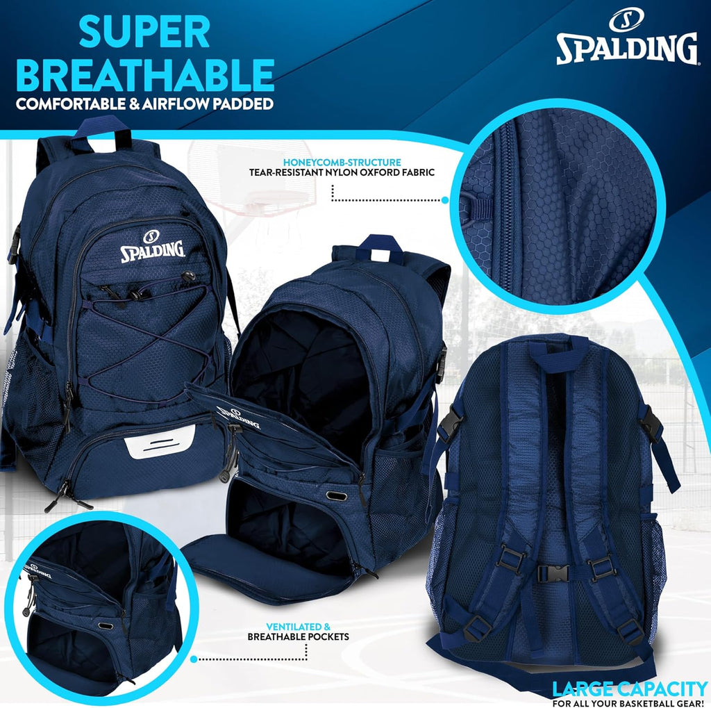 Spalding Basketball Backpack - Black Sports Bag with Ball & Shoe Compartment, Basketball Accessories Bag