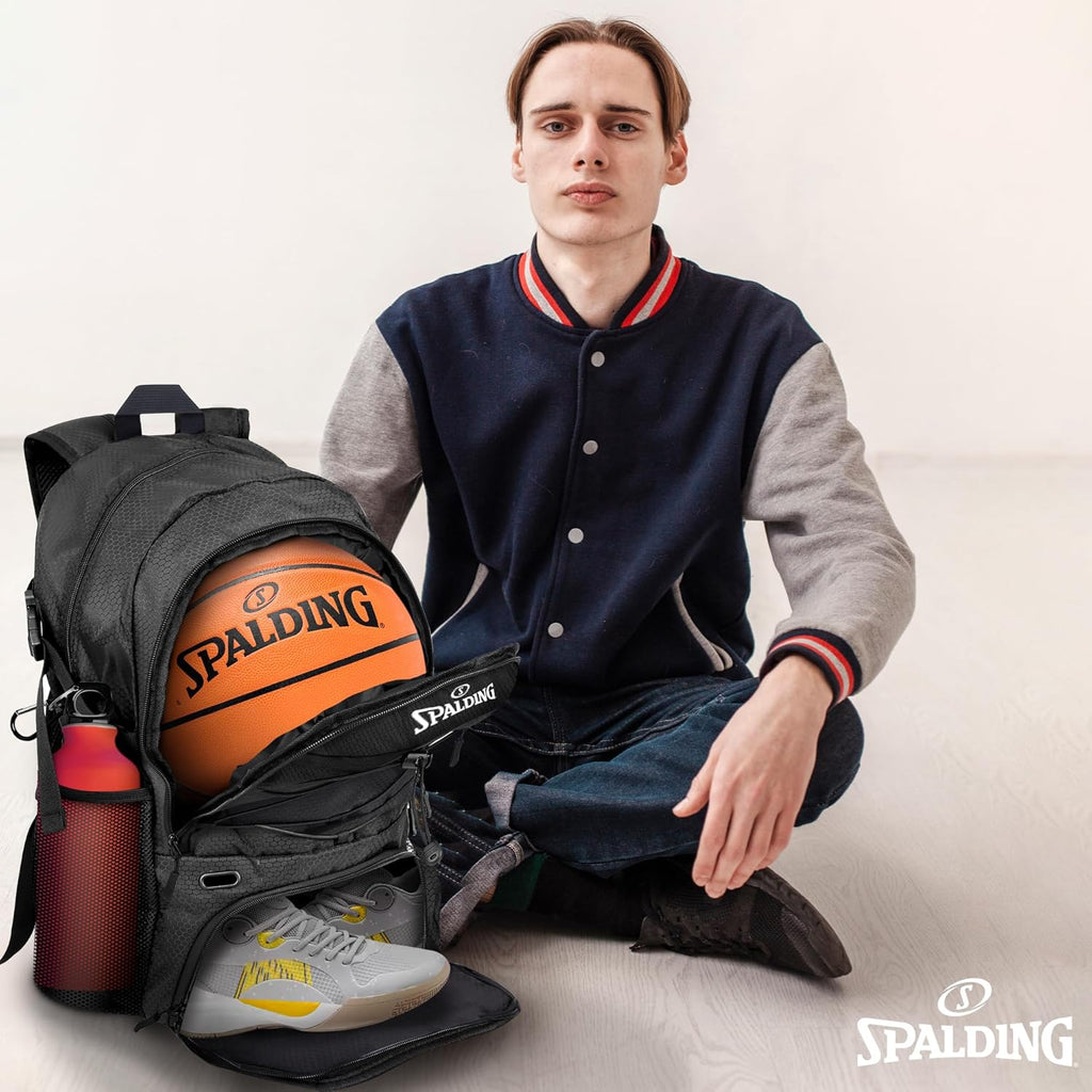 Spalding Basketball Backpack - Black Sports Bag with Ball & Shoe Compartment, Basketball Accessories Bag