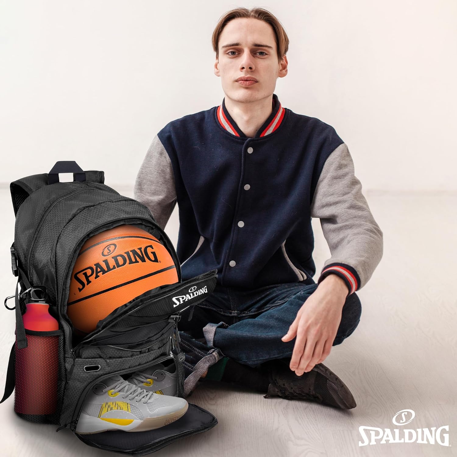 Spalding Basketball Backpack - Black Sports Bag with Ball & Shoe Compartment, Basketball Accessories Bag