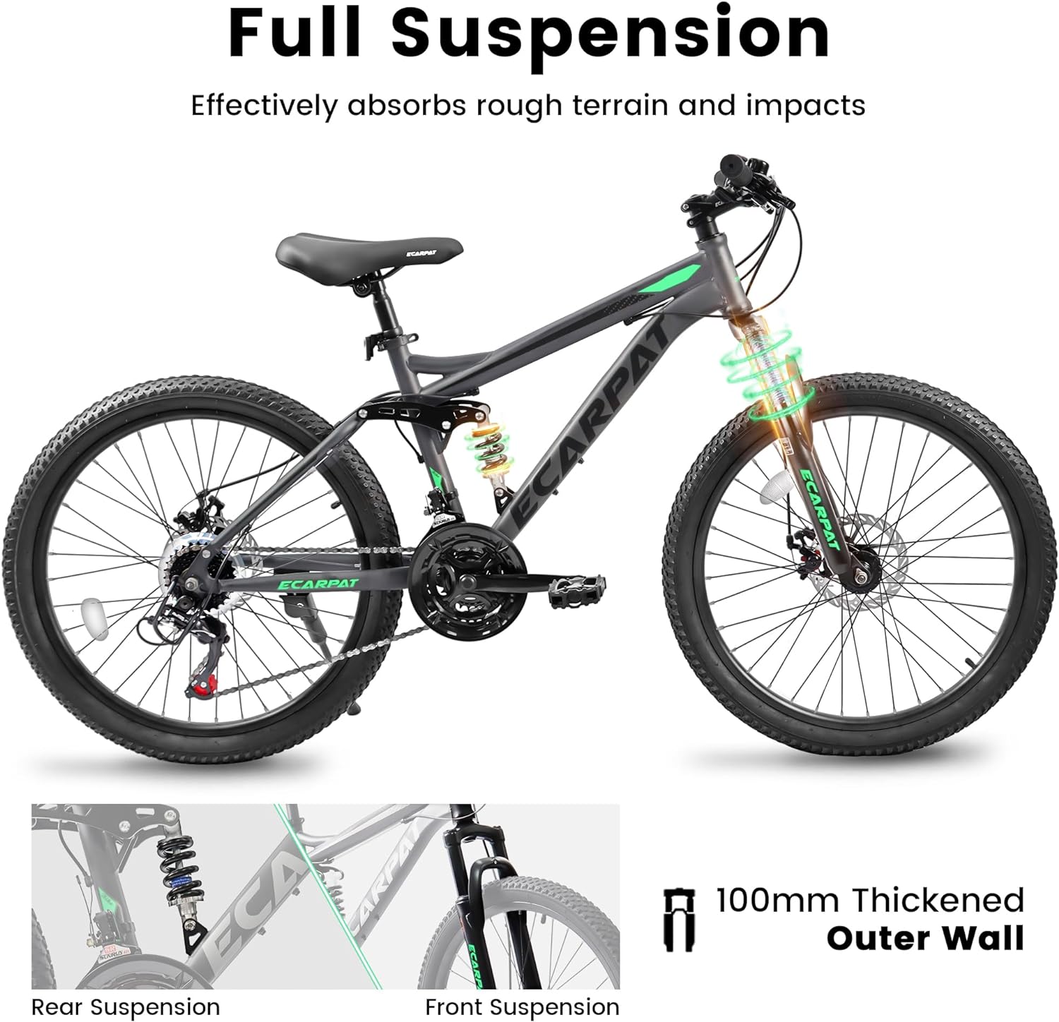 Ecarpat 24/26/27.5 Inch Mountain Bike, Dual/Front Suspension Mens Mountain Bike with 21 Speeds High-Carbon Steel Frame and Disc/V Brakes, Adult Sport Bicycle for Trail Snow Commuter City Road