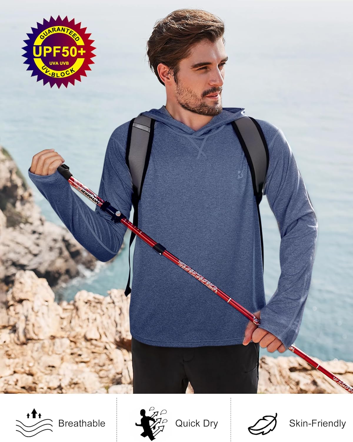 Roadbox Mens UPF 50+ Fishing Shirts, Long Sleeve UV Sun Hoodie, Hiking Running Swim Athletic Workout Shirt