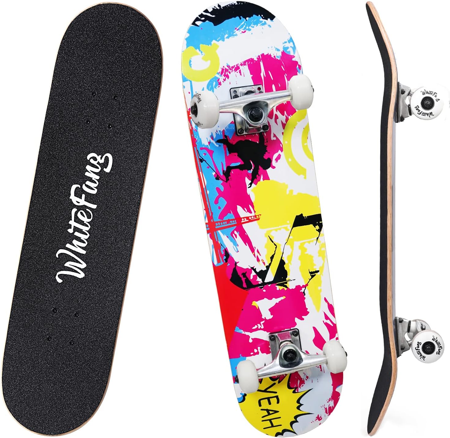 WhiteFang Skateboards for Beginners, Complete Skateboard 31 x 7.88, 7 Layer Canadian Maple Double Kick Concave Standard and Tricks Skateboards for Kids and Beginners
