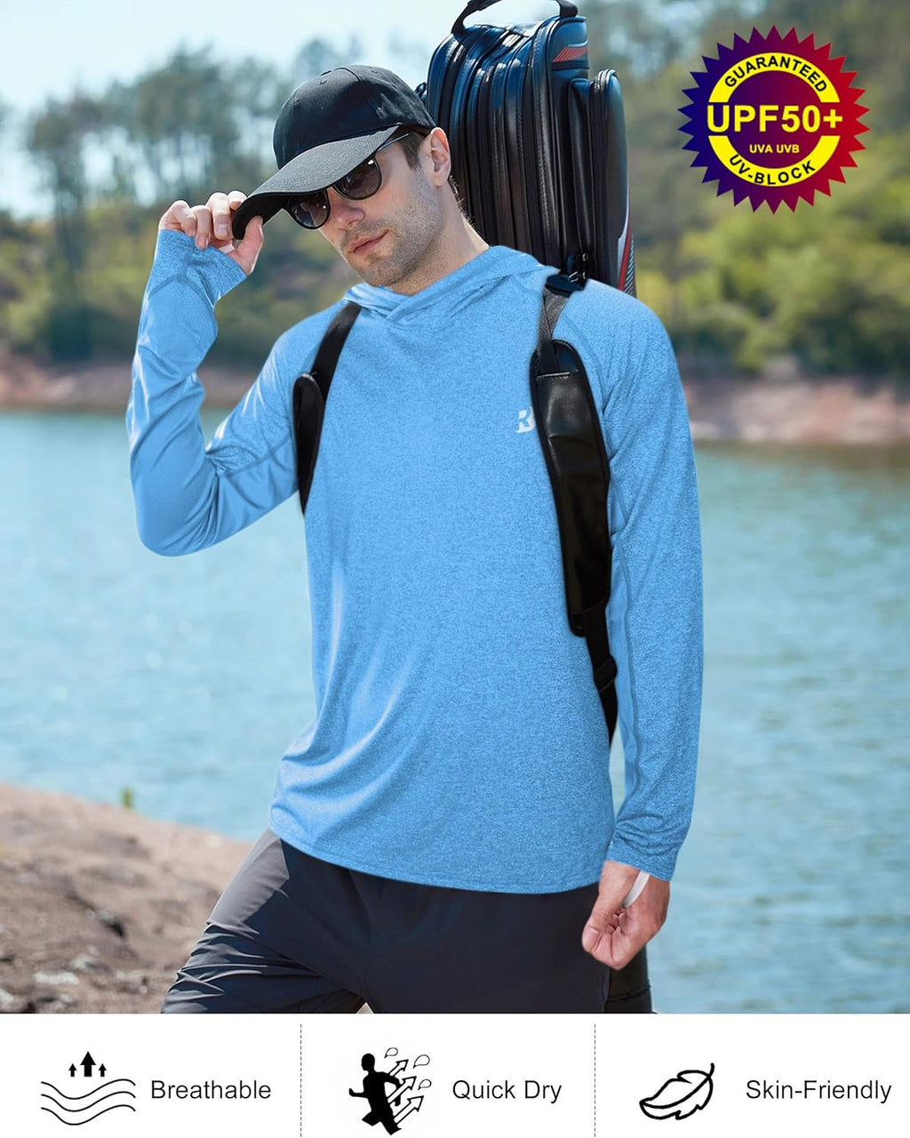 Roadbox Mens UPF 50+ Fishing Shirts, Long Sleeve UV Sun Hoodie, Hiking Running Swim Athletic Workout Shirt