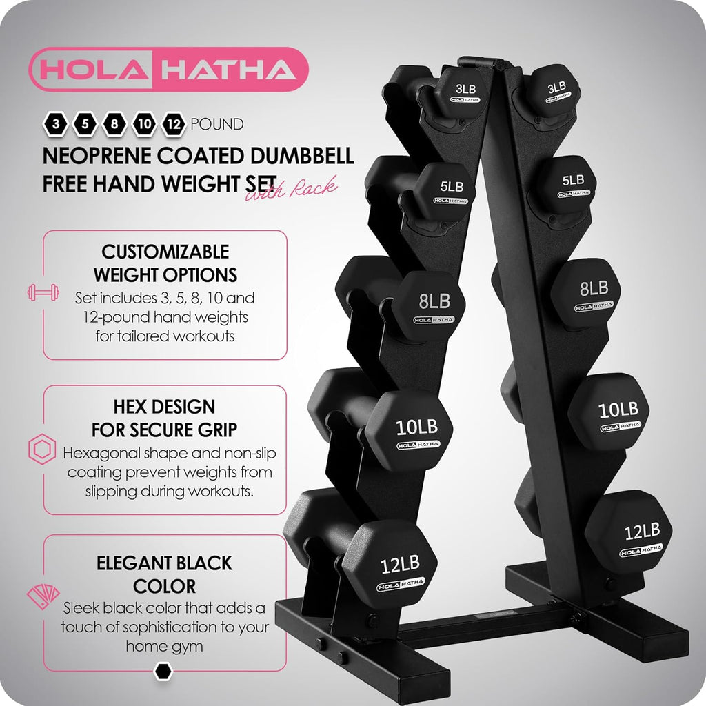 HolaHatha Neoprene Dumbbell Free Hand Weight Set with Rack, Ideal for Home Exercises to Gain Tone and Definition