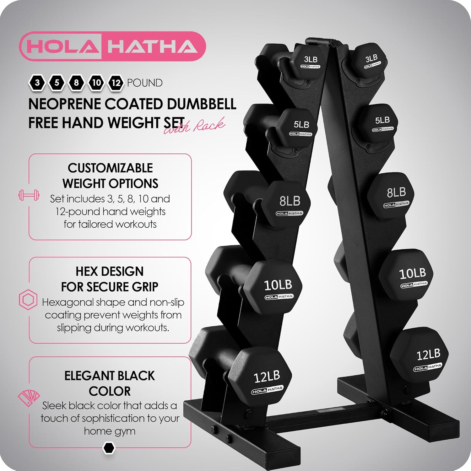 HolaHatha Neoprene Dumbbell Free Hand Weight Set with Rack, Ideal for Home Exercises to Gain Tone and Definition