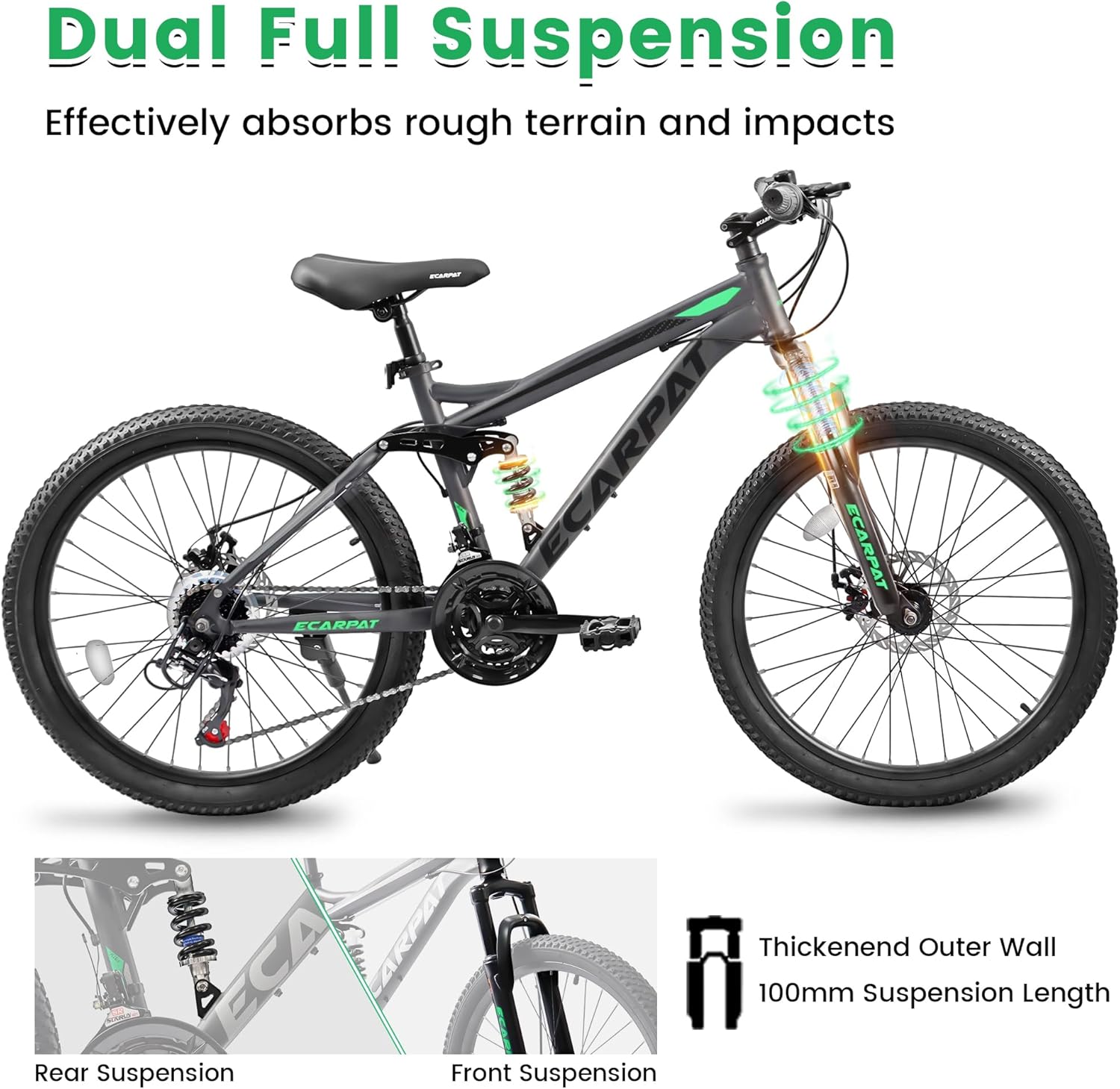 Ecarpat 24/26/27.5 Inch Mountain Bike, Dual/Front Suspension Mens Mountain Bike with 21 Speeds High-Carbon Steel Frame and Disc/V Brakes, Adult Sport Bicycle for Trail Snow Commuter City Road