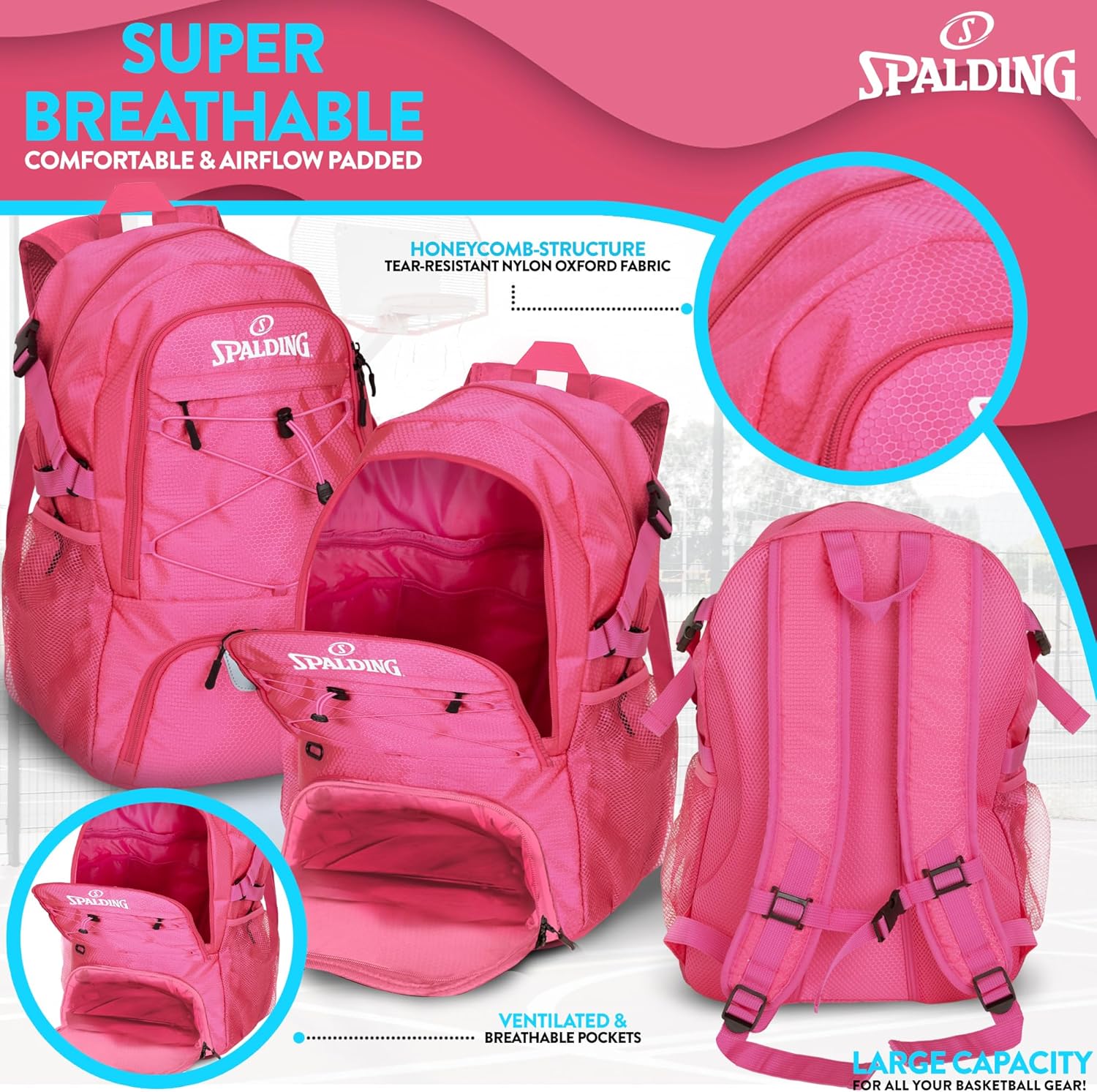 Spalding Basketball Backpack - Black Sports Bag with Ball & Shoe Compartment, Basketball Accessories Bag