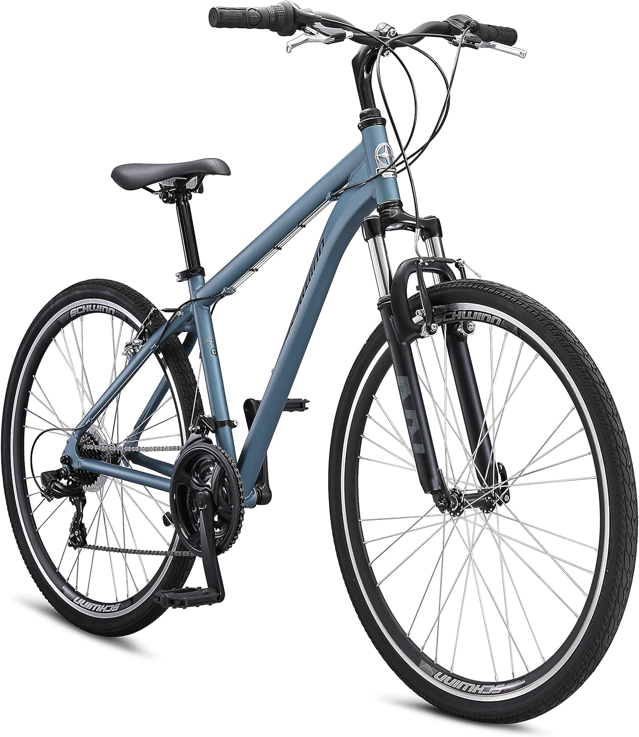 Schwinn Network 1 Hybrid Bike, 700c Mens and Womens Bike, 21-Speed Hybrid Bicycle, Aluminum Frame, Suspension Fork, Alloy Linear Pull Brakes, Adult Bicycle