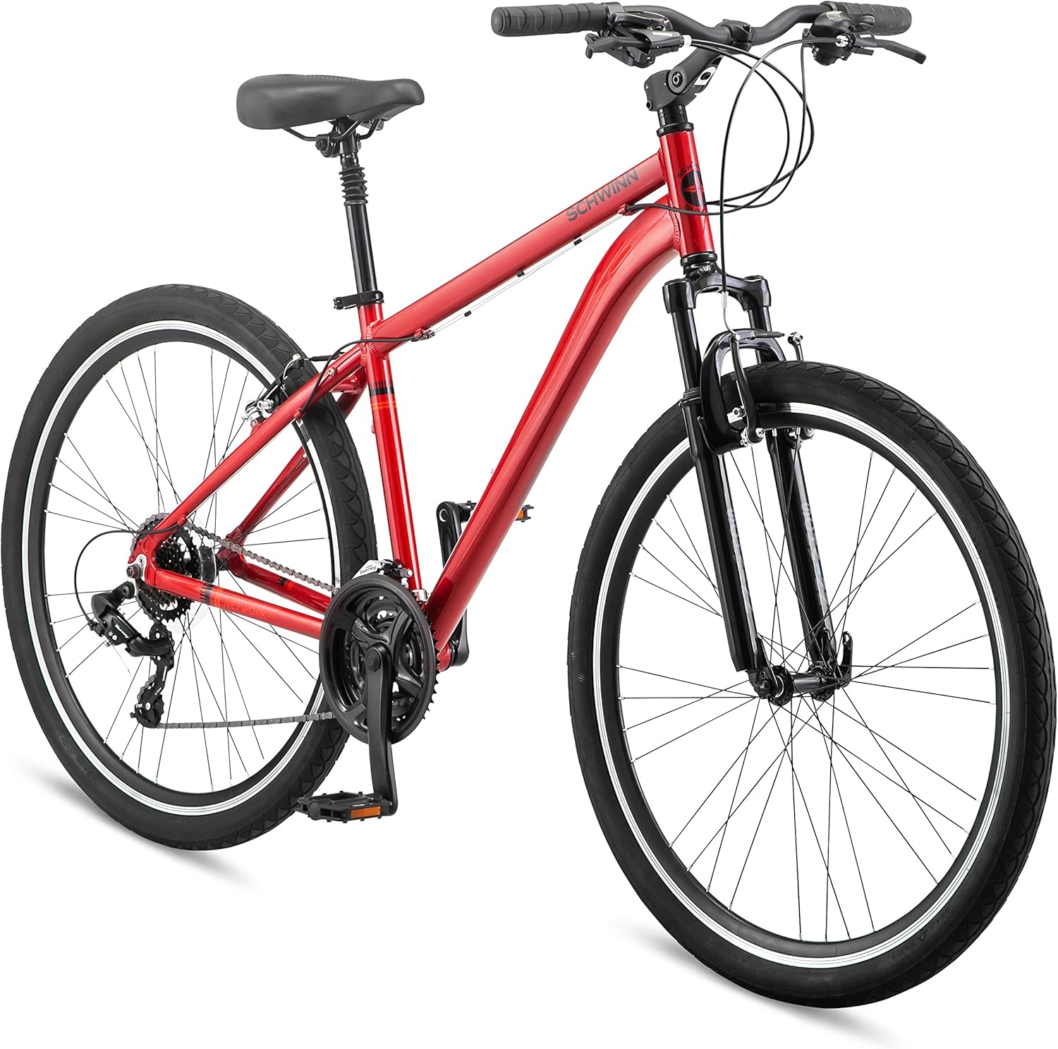 Schwinn Network 1 Hybrid Bike, 700c Mens and Womens Bike, 21-Speed Hybrid Bicycle, Aluminum Frame, Suspension Fork, Alloy Linear Pull Brakes, Adult Bicycle