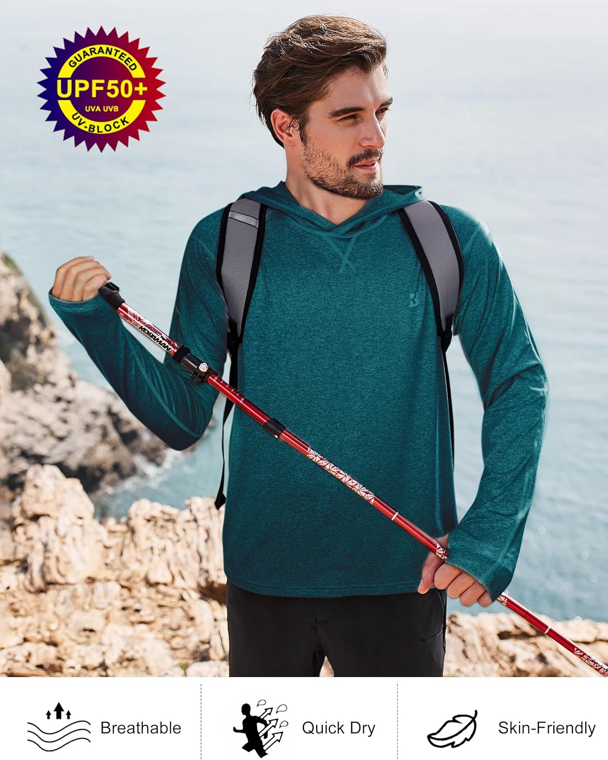 Roadbox Mens UPF 50+ Fishing Shirts, Long Sleeve UV Sun Hoodie, Hiking Running Swim Athletic Workout Shirt