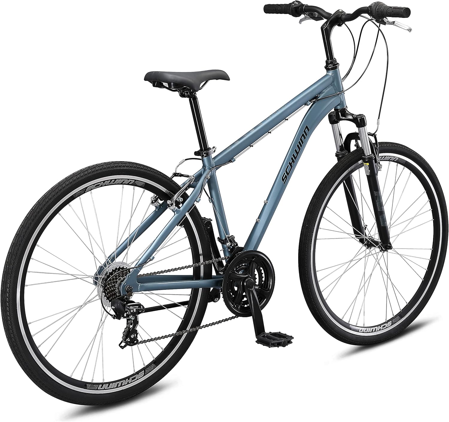 Schwinn Network 1 Hybrid Bike, 700c Mens and Womens Bike, 21-Speed Hybrid Bicycle, Aluminum Frame, Suspension Fork, Alloy Linear Pull Brakes, Adult Bicycle