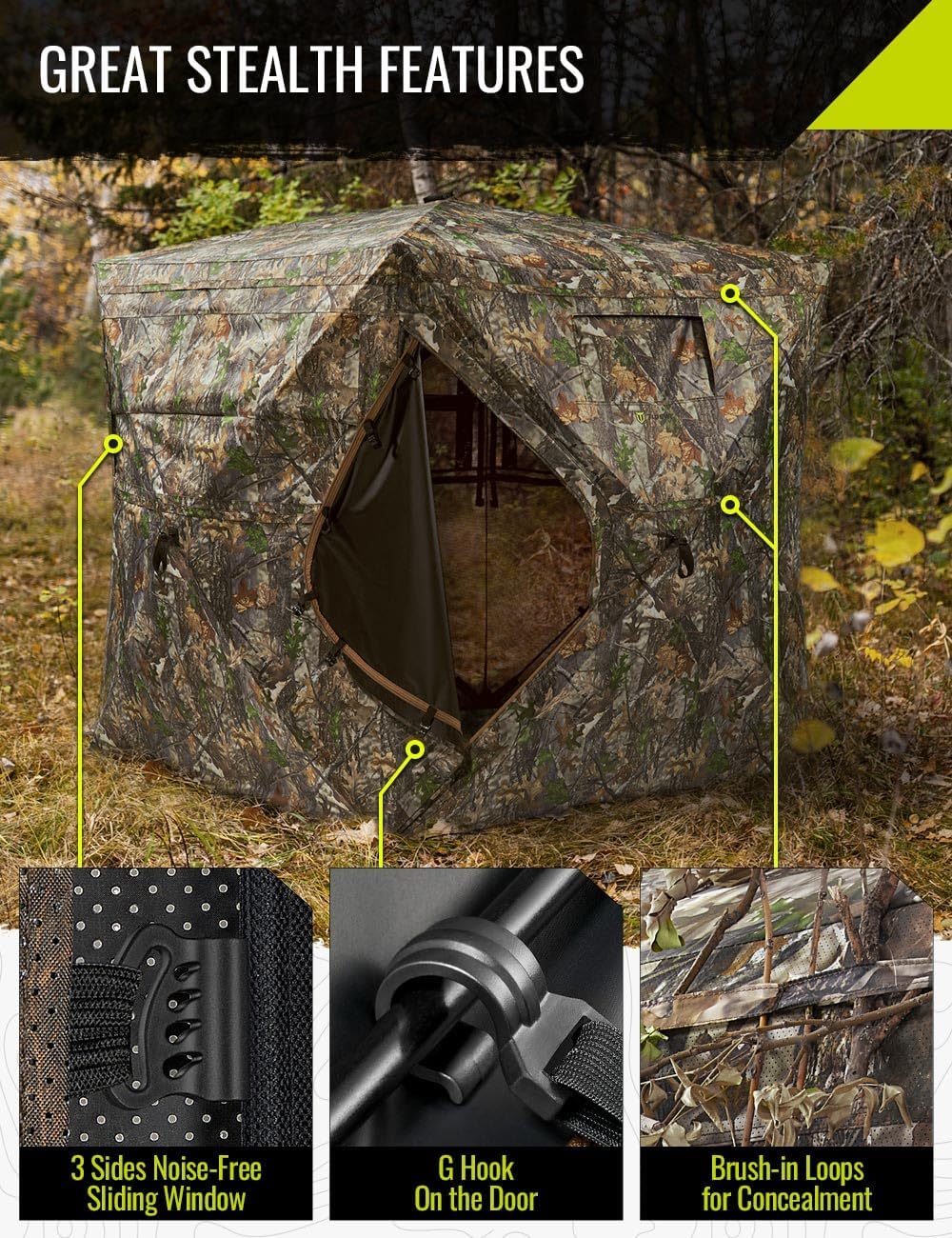 TIDEWE Hunting Blind 270°See Through with Carrying Bag, 1-2& 2-3& 3-4 Person Pop Up Ground Blinds, Portable Resilient Hunting Tent (Camouflage)