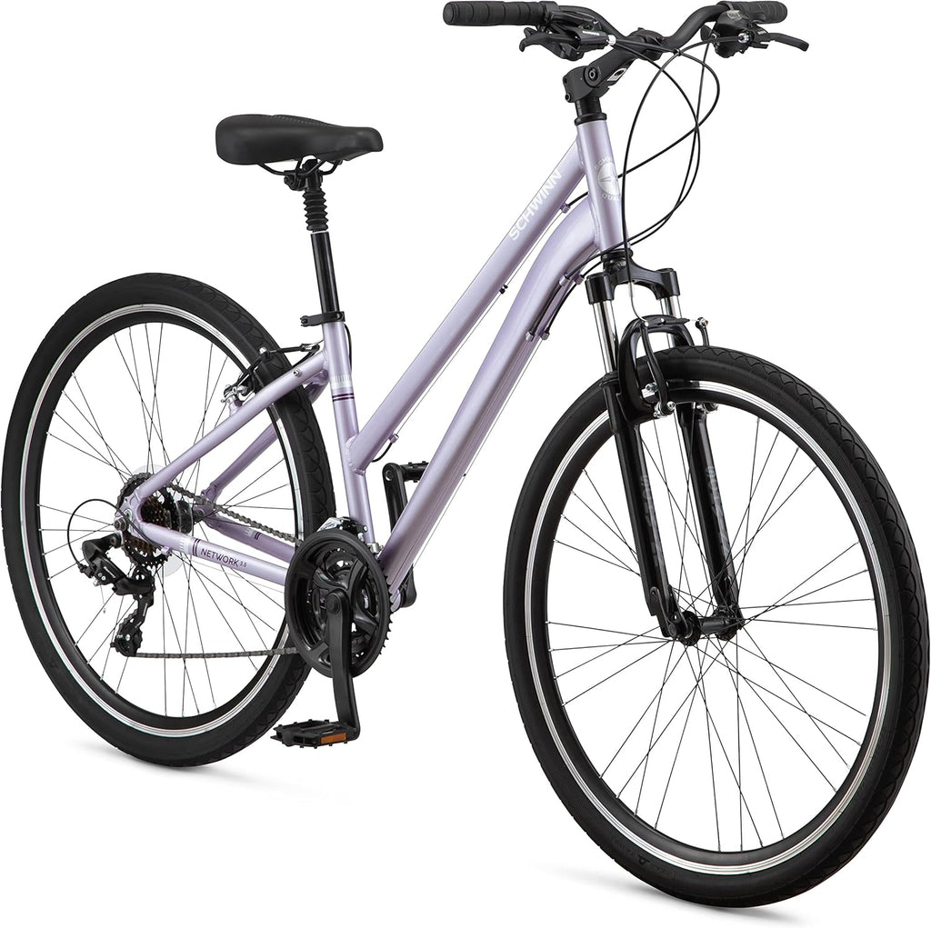 Schwinn Network 1 Hybrid Bike, 700c Mens and Womens Bike, 21-Speed Hybrid Bicycle, Aluminum Frame, Suspension Fork, Alloy Linear Pull Brakes, Adult Bicycle