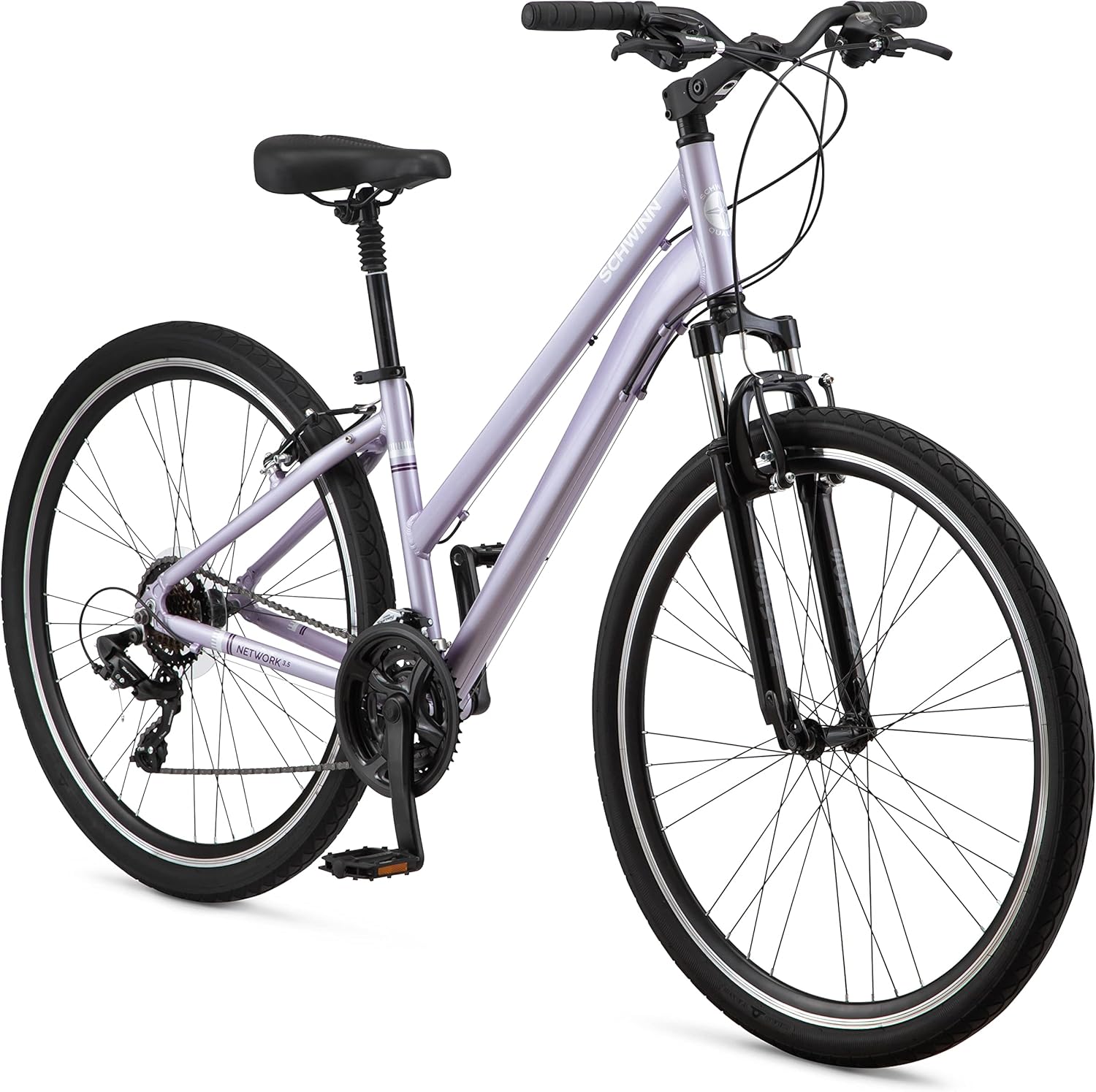 Schwinn Network 1 Hybrid Bike, 700c Mens and Womens Bike, 21-Speed Hybrid Bicycle, Aluminum Frame, Suspension Fork, Alloy Linear Pull Brakes, Adult Bicycle