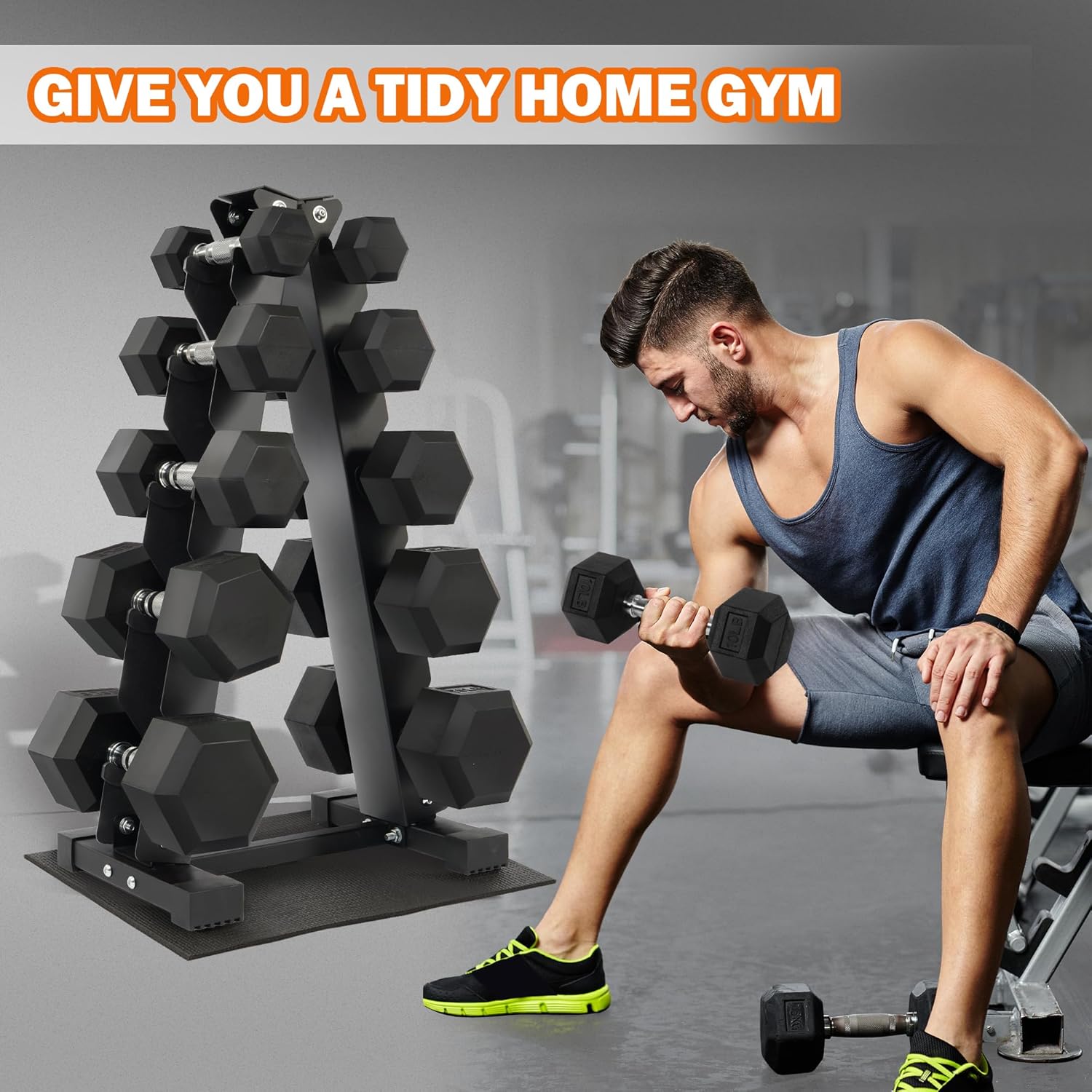 Fitvids Rubber Encased Hex Dumbbell Set with Rack, 5-20LB or 5-25LB Hand Weights with Anti-Slip Grip for Exercise & Fitness, Dumbbell Weights Set for Home Gym, 100LB or 150LB Set Options