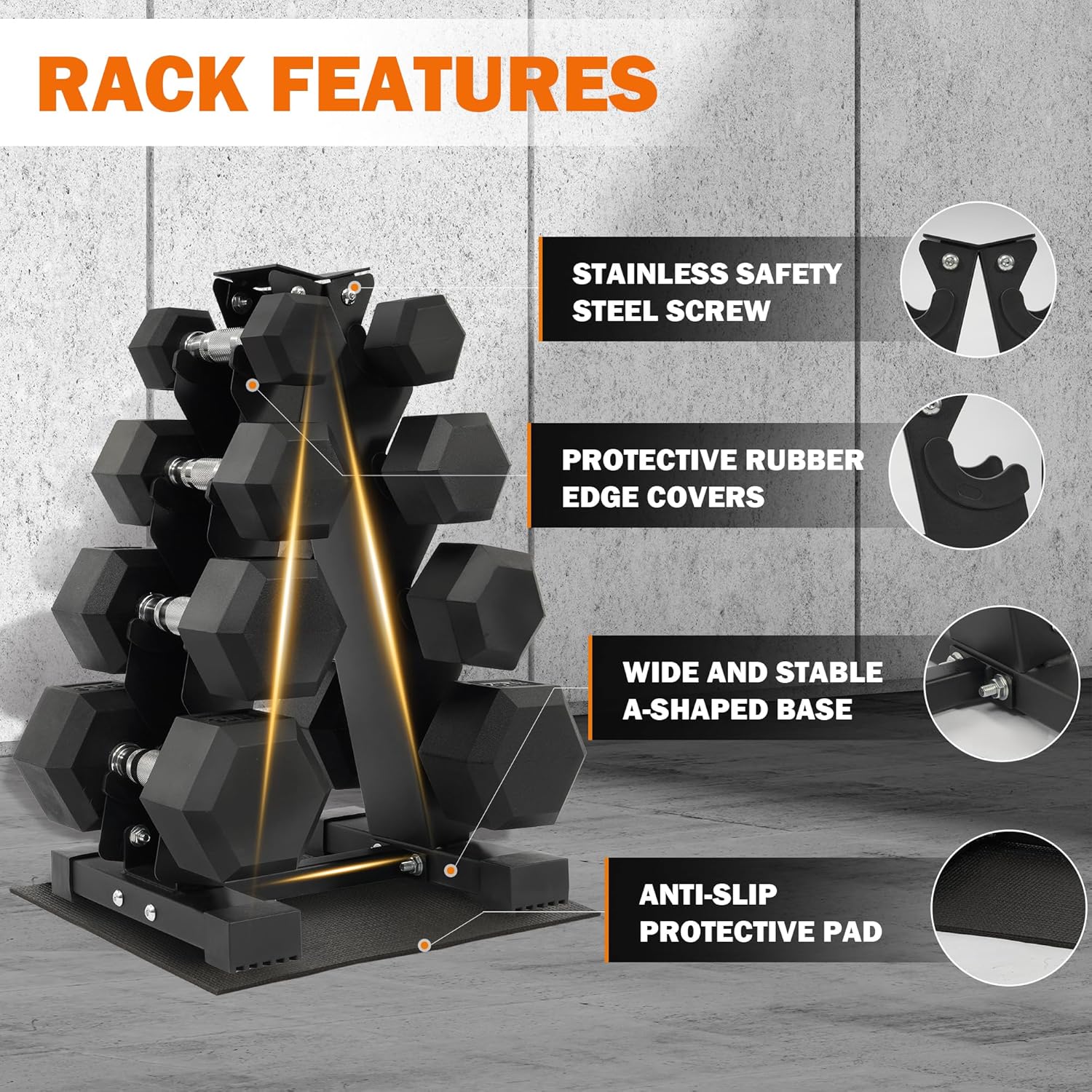 Fitvids Rubber Encased Hex Dumbbell Set with Rack, 5-20LB or 5-25LB Hand Weights with Anti-Slip Grip for Exercise & Fitness, Dumbbell Weights Set for Home Gym, 100LB or 150LB Set Options