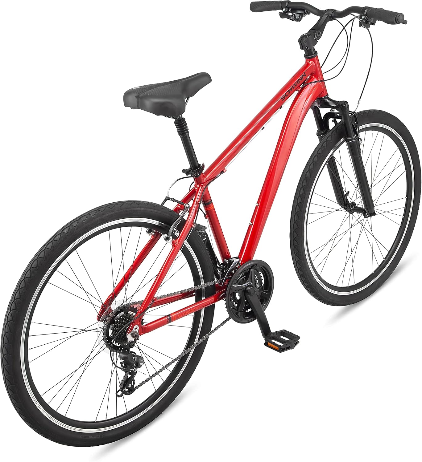 Schwinn Network 1 Hybrid Bike, 700c Mens and Womens Bike, 21-Speed Hybrid Bicycle, Aluminum Frame, Suspension Fork, Alloy Linear Pull Brakes, Adult Bicycle