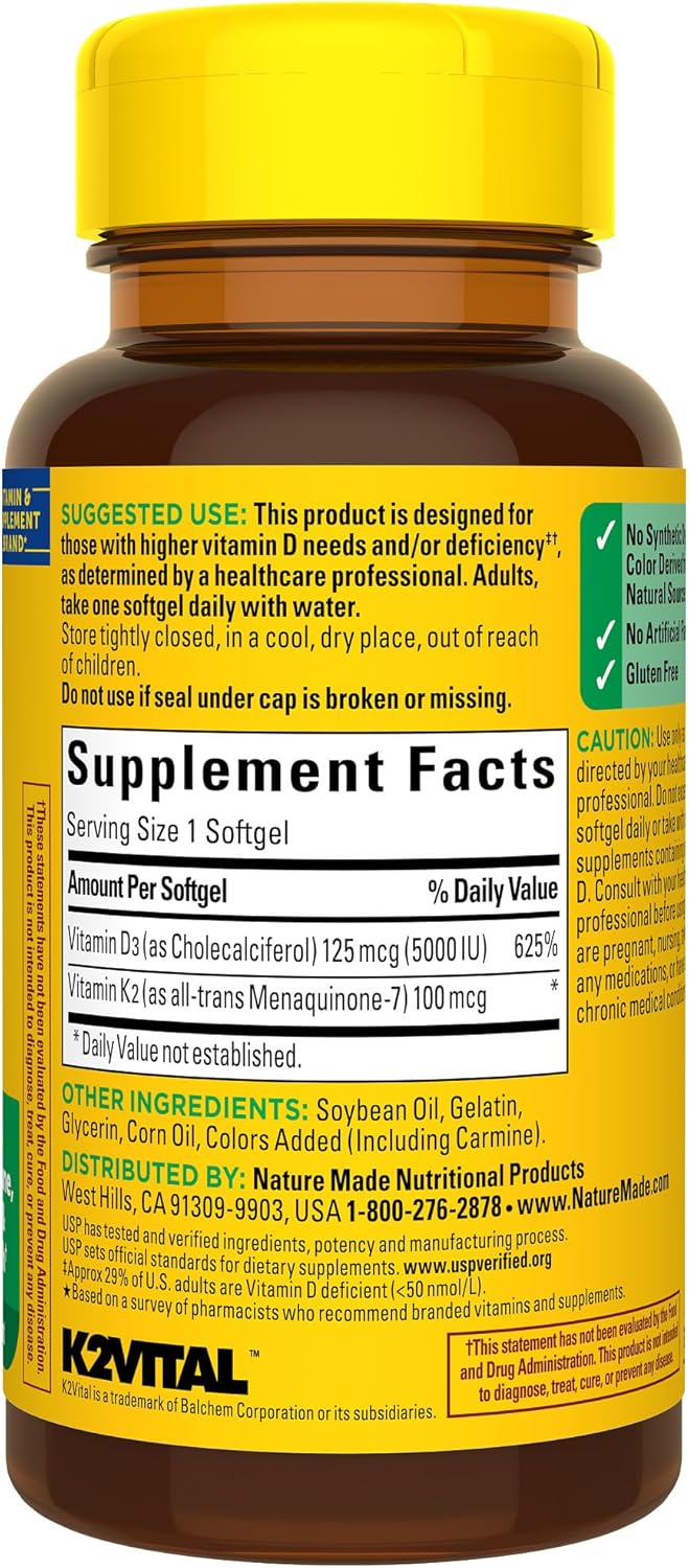Nature Made Vitamin D3 K2 Supplement, 5000 IU (125 mcg) Vitamin D for Bone, Teeth, Muscle and Immune Support, 30 D3 and K2 Softgels, 30 Day Supply