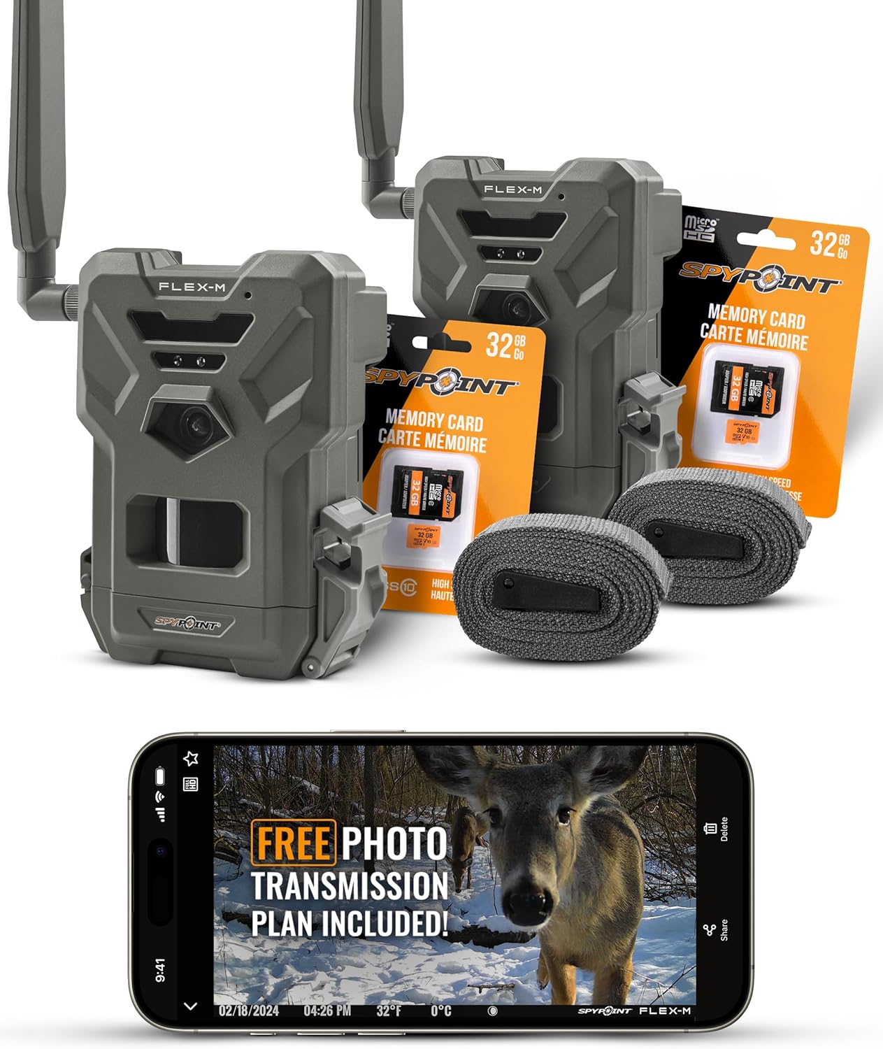 SPYPOINT Flex-M Twin Pack Cellular Trail Cameras - Best Hunting Accessories, No WiFi Needed, GPS, Night Vision, Dual-Sim LTE, IP65 Water-Resistant Game Camera, 28MP Photos, 720p Videos + Sound (2)