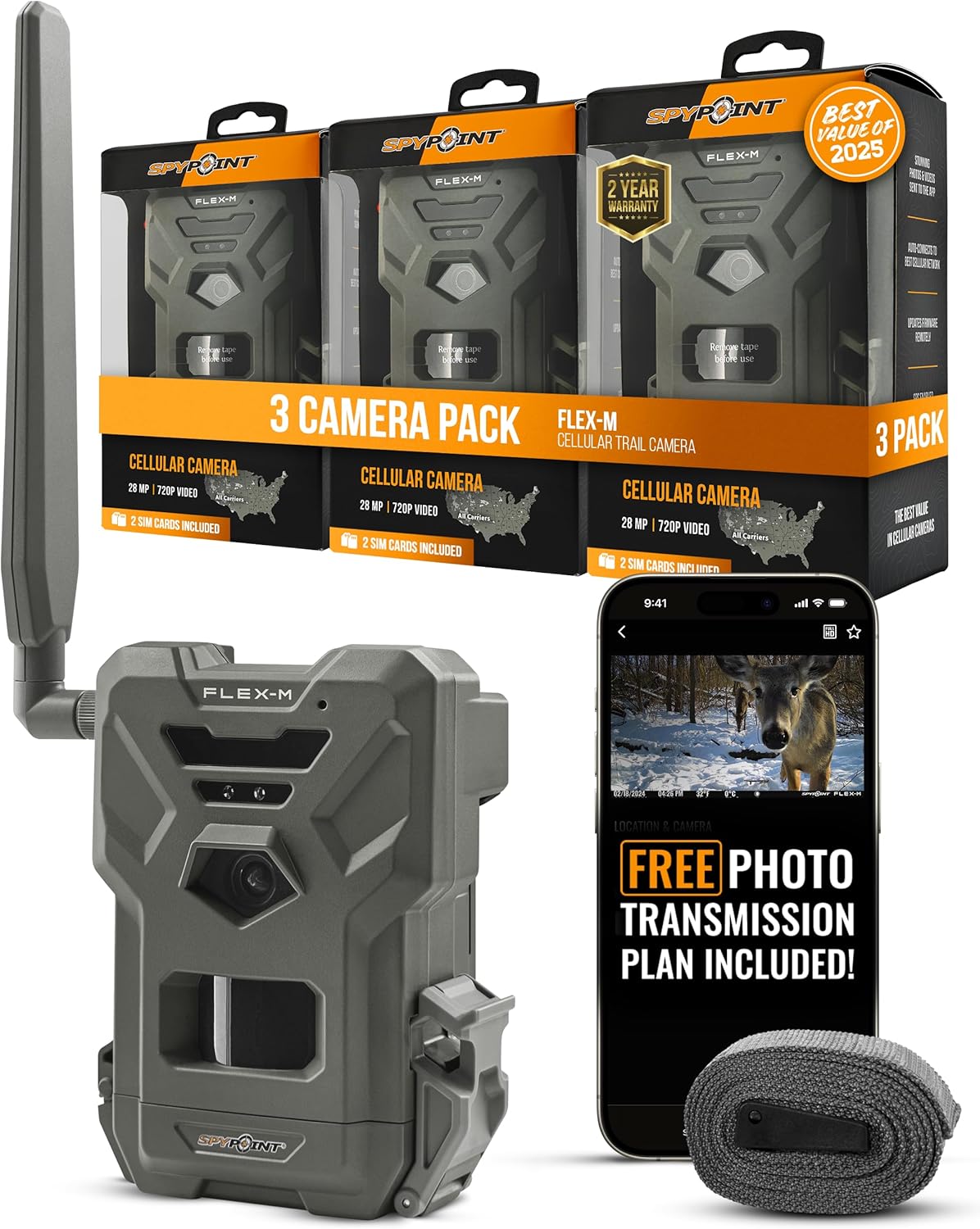 SPYPOINT Flex-M Twin Pack Cellular Trail Cameras - Best Hunting Accessories, No WiFi Needed, GPS, Night Vision, Dual-Sim LTE, IP65 Water-Resistant Game Camera, 28MP Photos, 720p Videos + Sound (2)