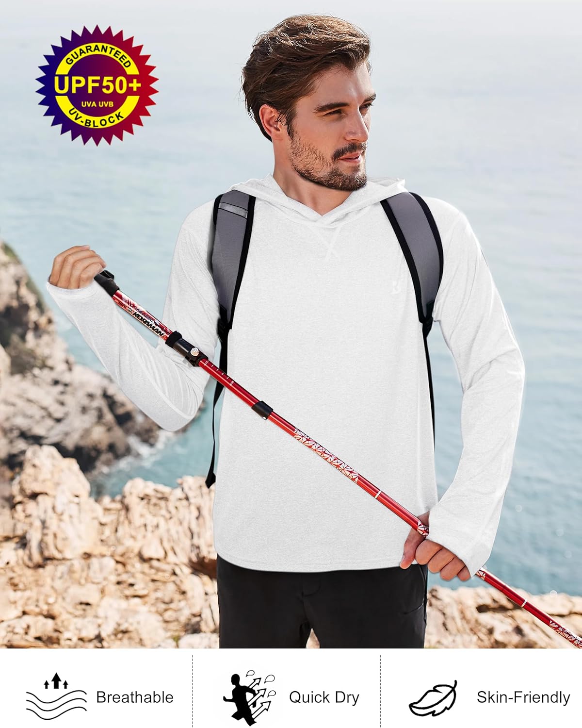 Roadbox Mens UPF 50+ Fishing Shirts, Long Sleeve UV Sun Hoodie, Hiking Running Swim Athletic Workout Shirt