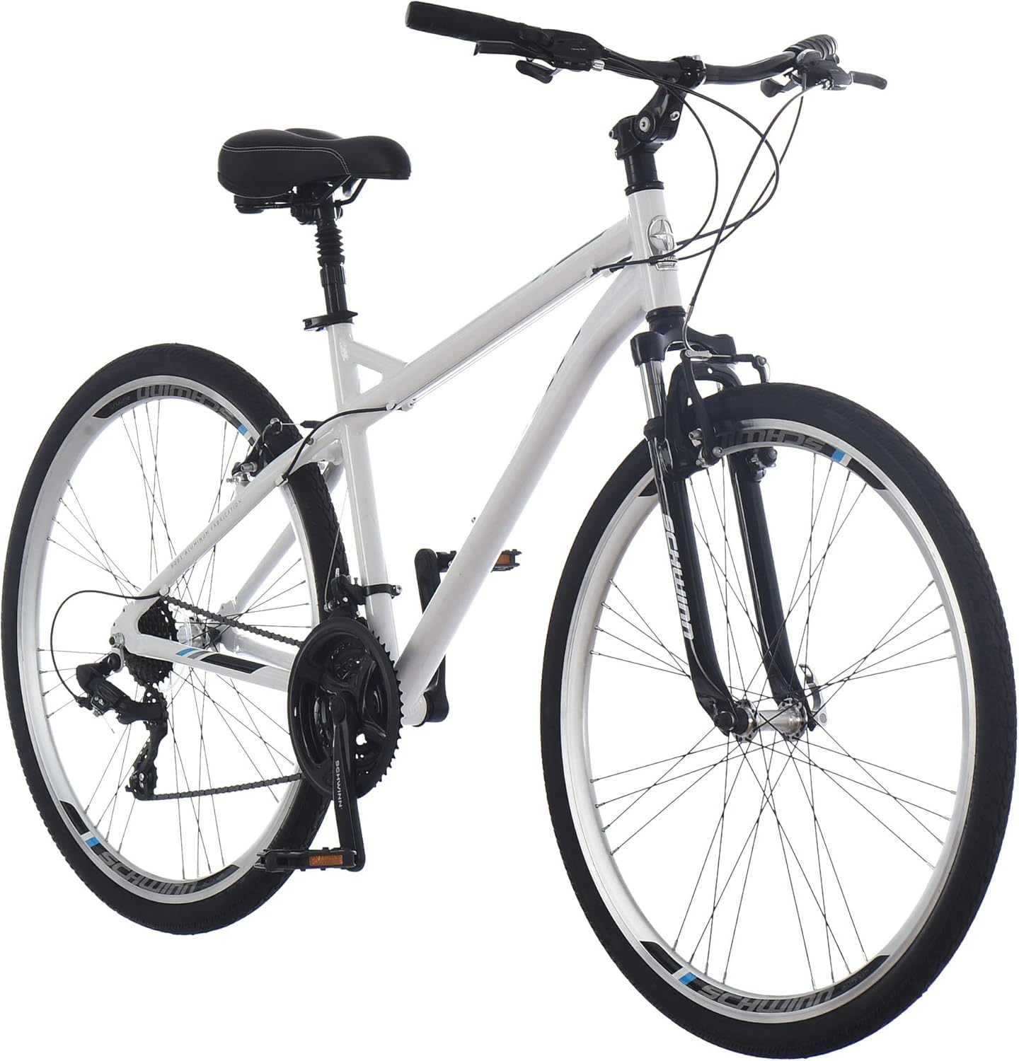 Schwinn Network 1 Hybrid Bike, 700c Mens and Womens Bike, 21-Speed Hybrid Bicycle, Aluminum Frame, Suspension Fork, Alloy Linear Pull Brakes, Adult Bicycle