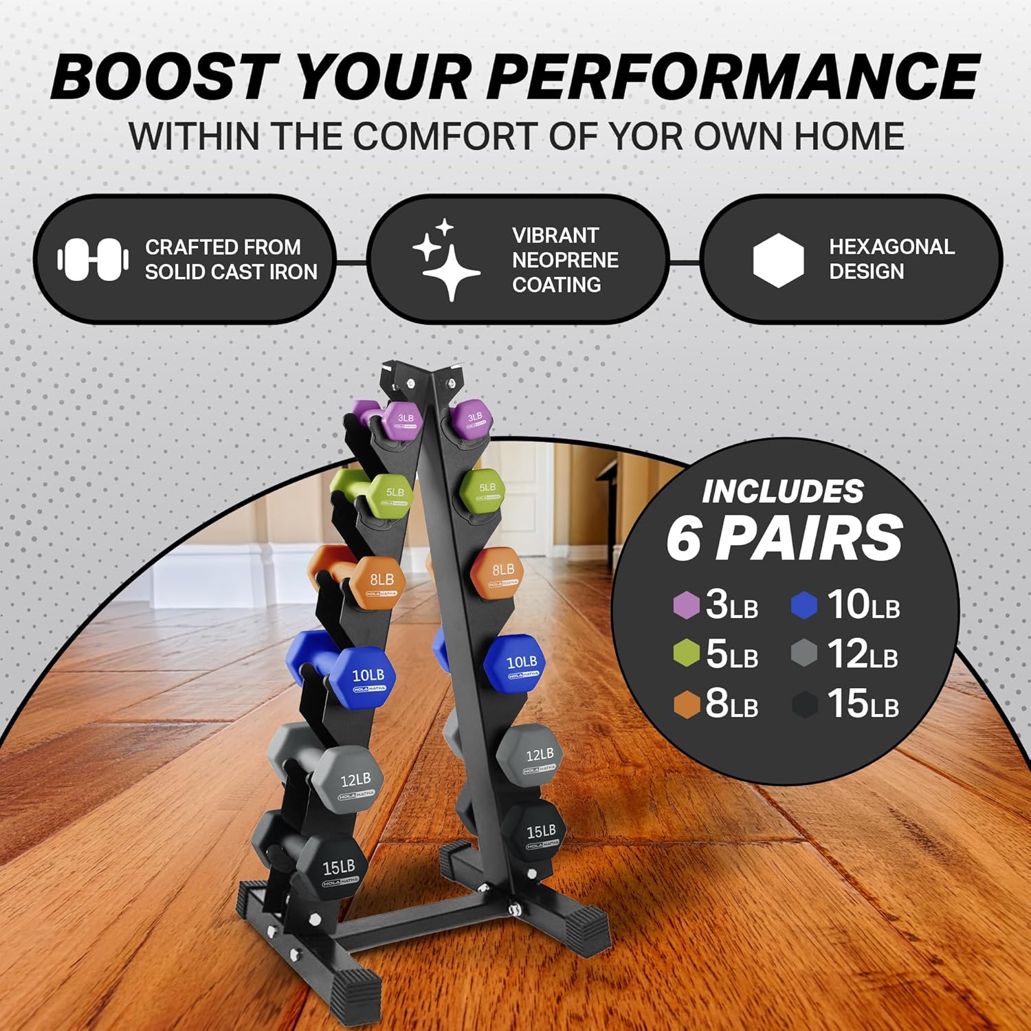 HolaHatha Neoprene Dumbbell Free Hand Weight Set with Rack, Ideal for Home Exercises to Gain Tone and Definition