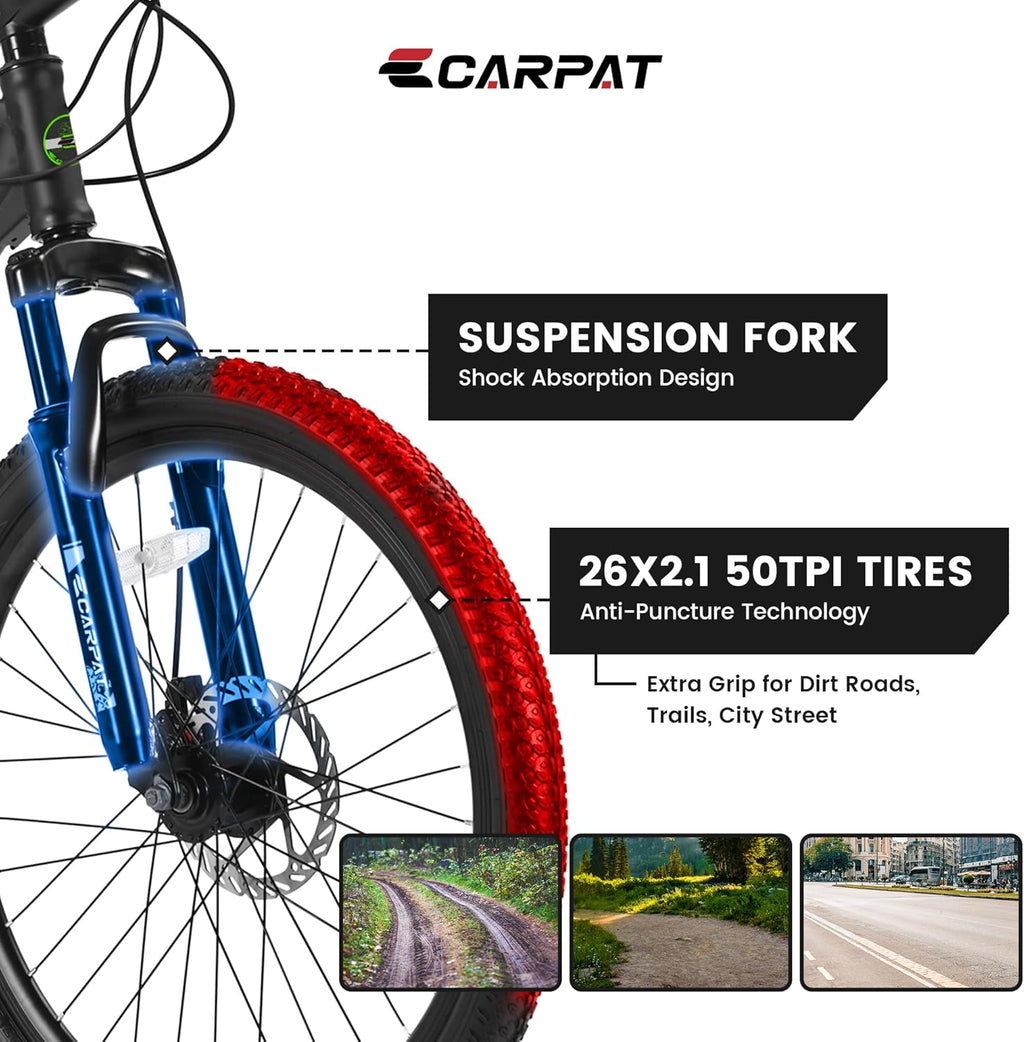 Ecarpat 24/26/27.5 Inch Mountain Bike, Dual/Front Suspension Mens Mountain Bike with 21 Speeds High-Carbon Steel Frame and Disc/V Brakes, Adult Sport Bicycle for Trail Snow Commuter City Road