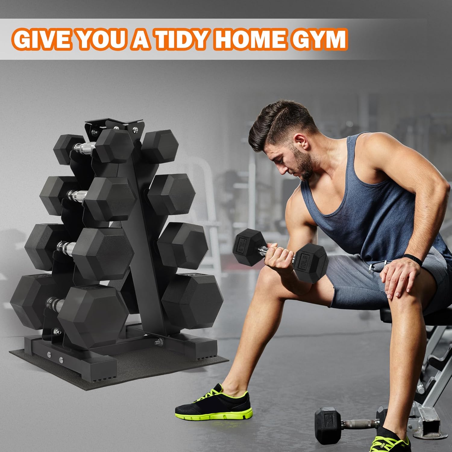 Fitvids Rubber Encased Hex Dumbbell Set with Rack, 5-20LB or 5-25LB Hand Weights with Anti-Slip Grip for Exercise & Fitness, Dumbbell Weights Set for Home Gym, 100LB or 150LB Set Options