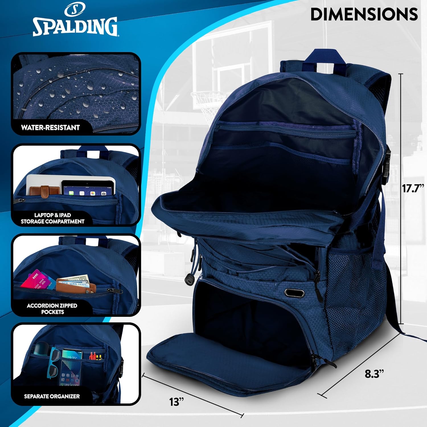 Spalding Basketball Backpack - Black Sports Bag with Ball & Shoe Compartment, Basketball Accessories Bag