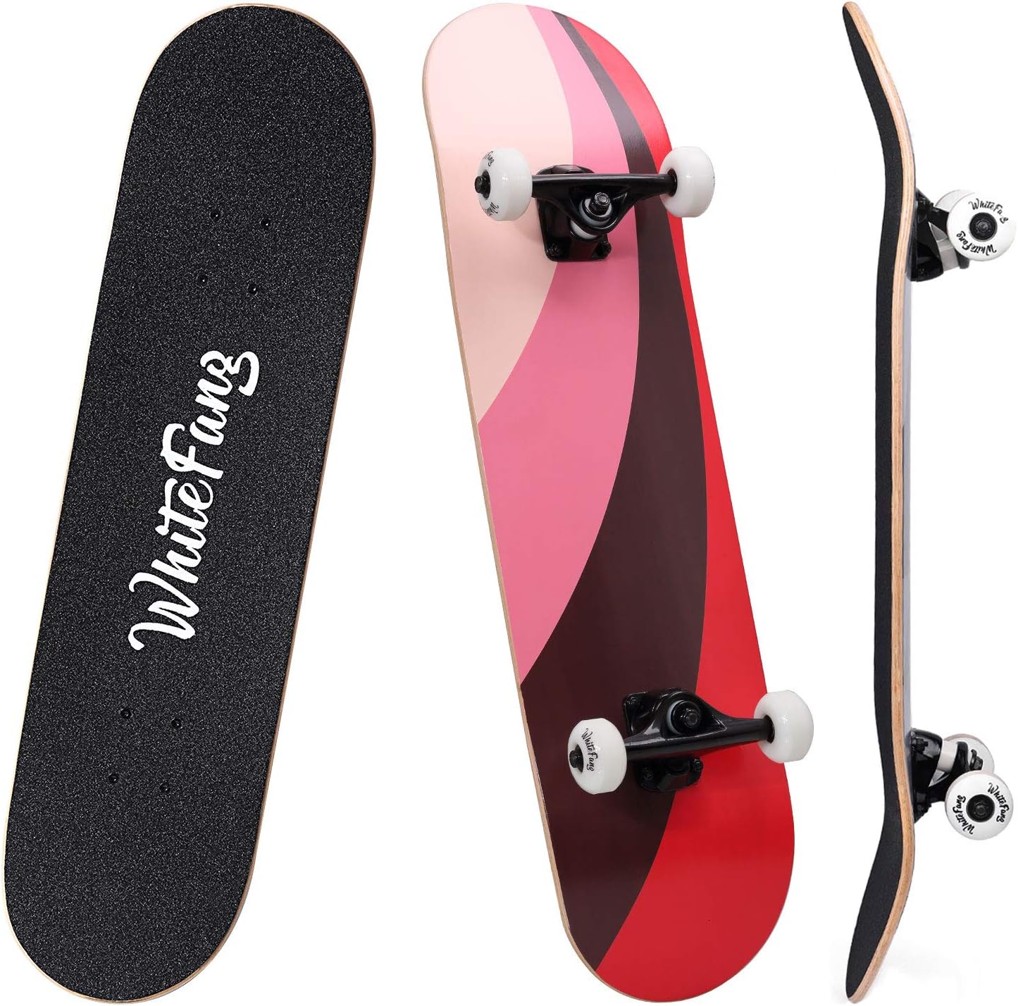 WhiteFang Skateboards for Beginners, Complete Skateboard 31 x 7.88, 7 Layer Canadian Maple Double Kick Concave Standard and Tricks Skateboards for Kids and Beginners