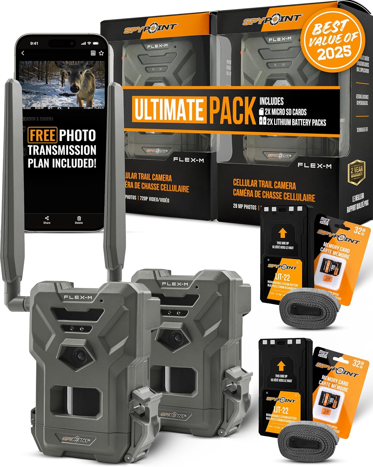 SPYPOINT Flex-M Twin Pack Cellular Trail Cameras - Best Hunting Accessories, No WiFi Needed, GPS, Night Vision, Dual-Sim LTE, IP65 Water-Resistant Game Camera, 28MP Photos, 720p Videos + Sound (2)