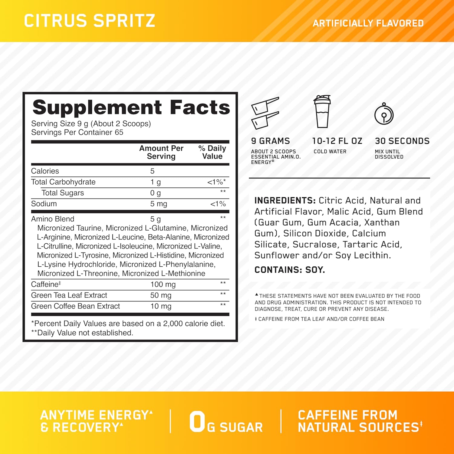 Optimum Nutrition Amino Energy - Pre Workout with Green Tea, BCAA, Amino Acids, Keto Friendly, Green Coffee Extract, Energy Powder - Orange Cooler, 65 Servings (Packaging May Vary)