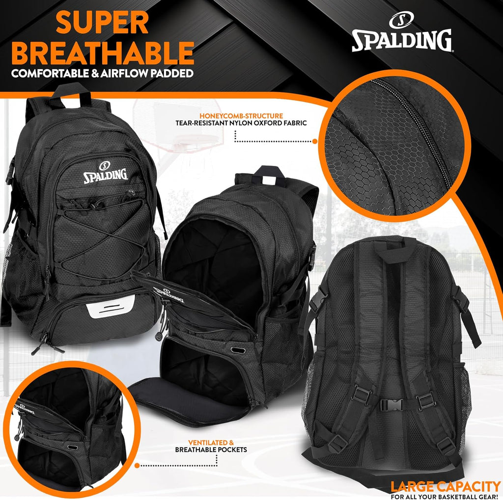 Spalding Basketball Backpack - Black Sports Bag with Ball & Shoe Compartment, Basketball Accessories Bag
