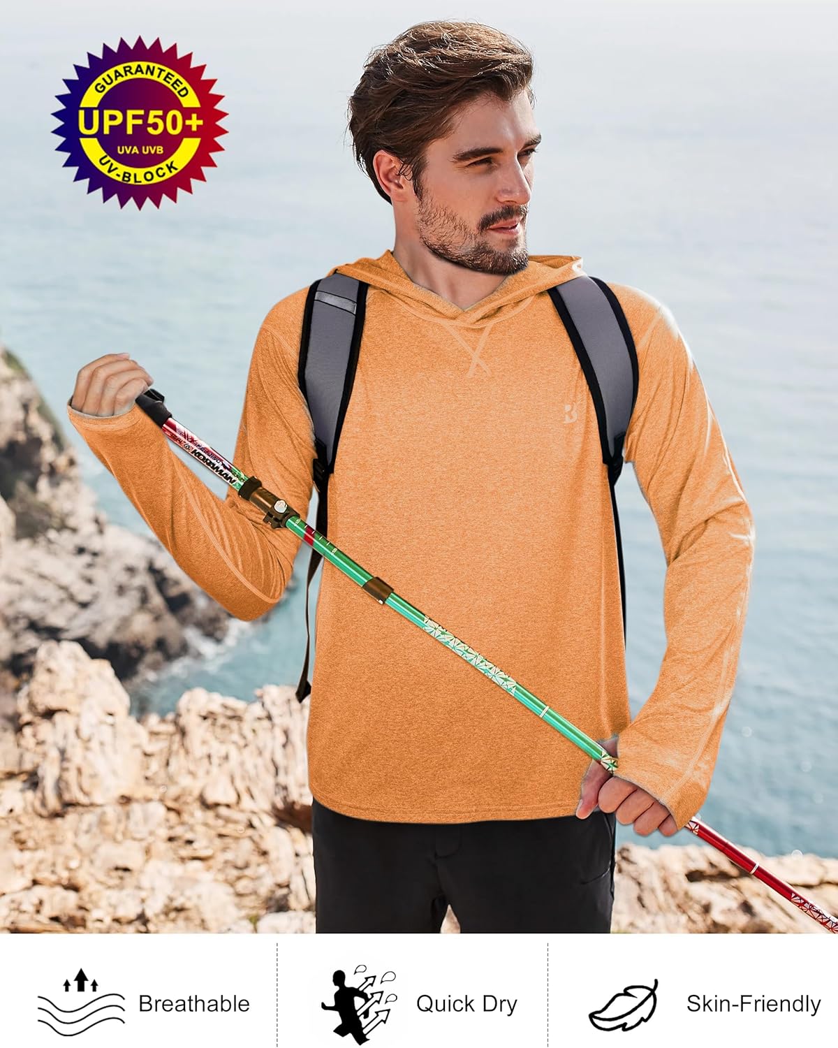 Roadbox Mens UPF 50+ Fishing Shirts, Long Sleeve UV Sun Hoodie, Hiking Running Swim Athletic Workout Shirt