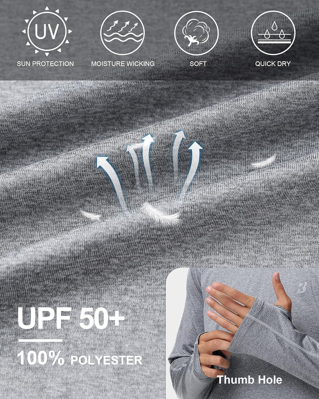 Roadbox Mens UPF 50+ Fishing Shirts, Long Sleeve UV Sun Hoodie, Hiking Running Swim Athletic Workout Shirt