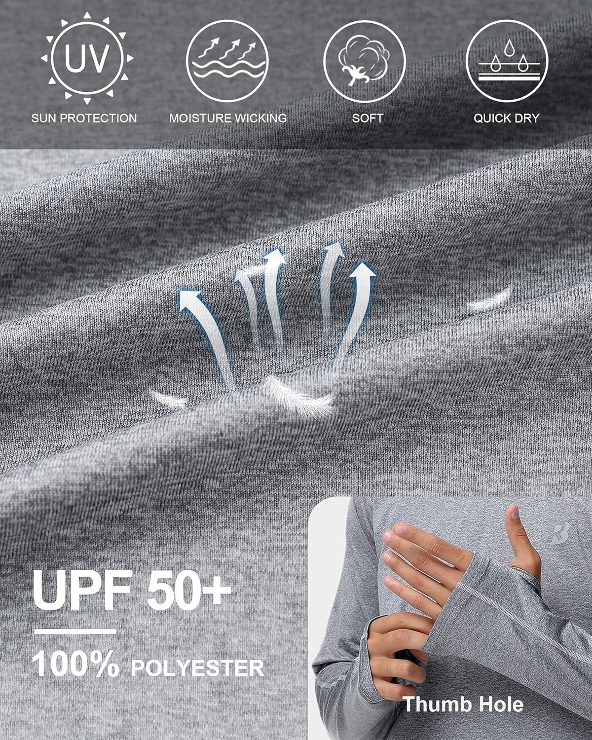 Roadbox Mens UPF 50+ Fishing Shirts, Long Sleeve UV Sun Hoodie, Hiking Running Swim Athletic Workout Shirt
