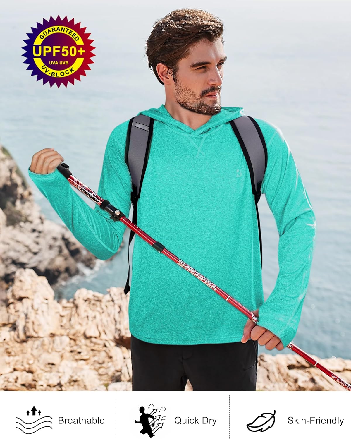 Roadbox Mens UPF 50+ Fishing Shirts, Long Sleeve UV Sun Hoodie, Hiking Running Swim Athletic Workout Shirt
