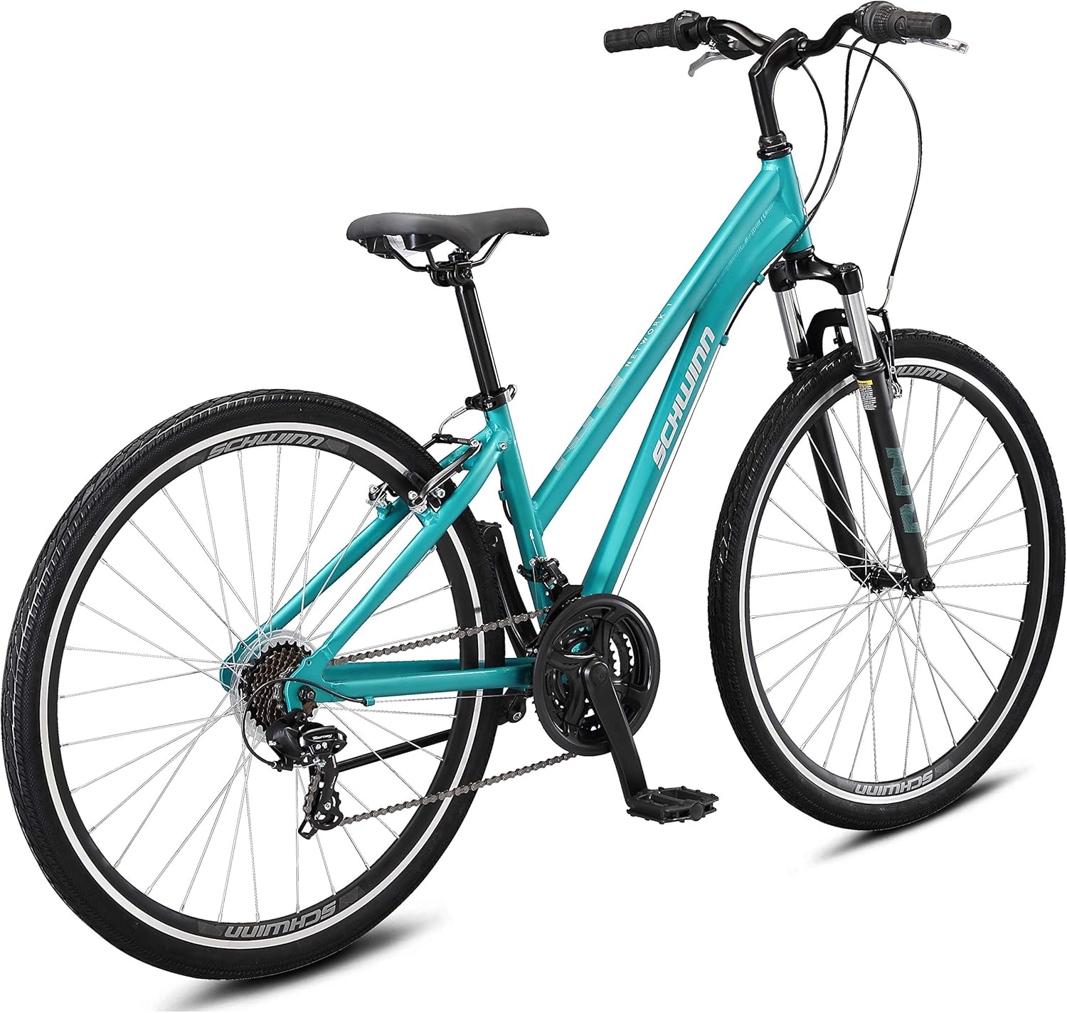 Schwinn Network 1 Hybrid Bike, 700c Mens and Womens Bike, 21-Speed Hybrid Bicycle, Aluminum Frame, Suspension Fork, Alloy Linear Pull Brakes, Adult Bicycle