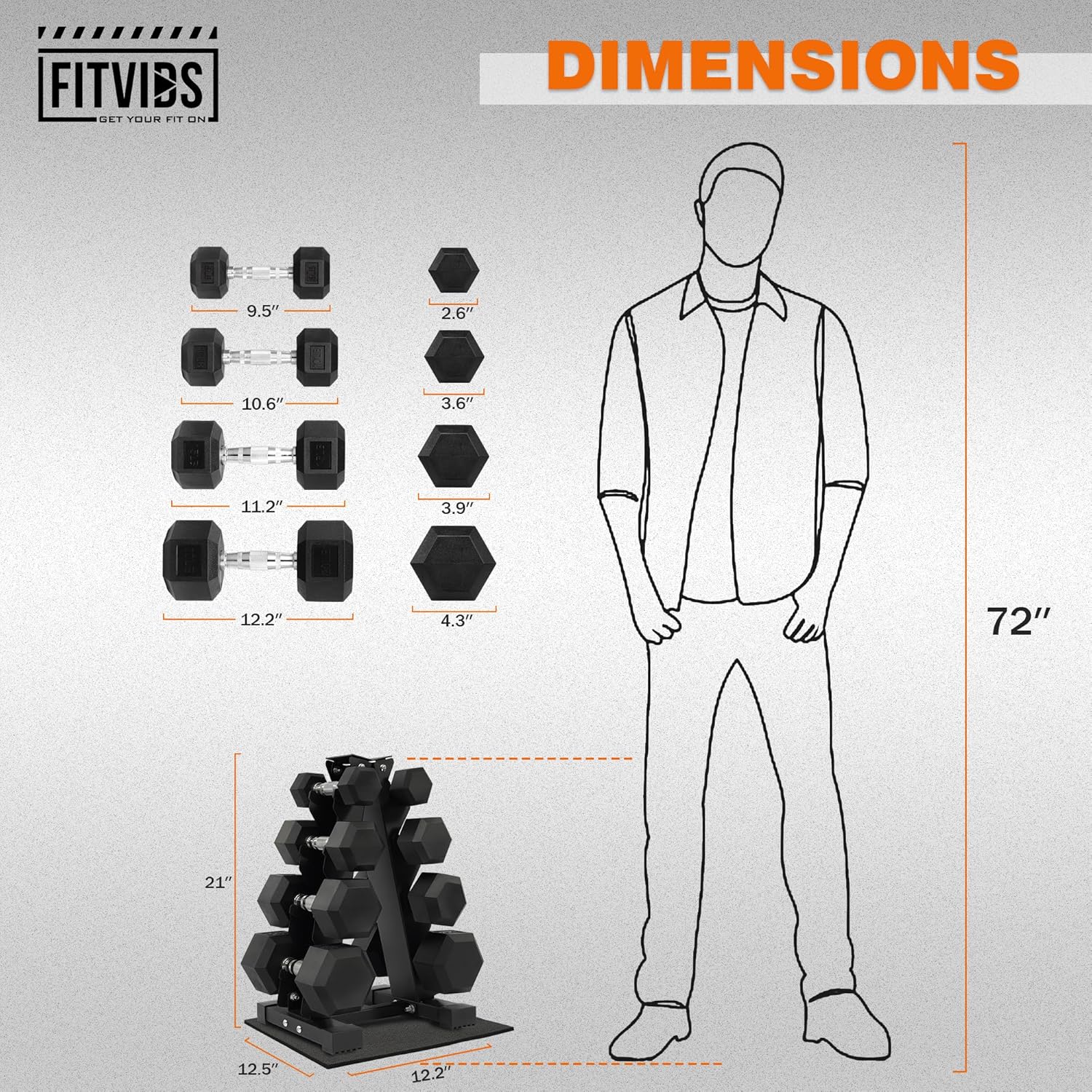 Fitvids Rubber Encased Hex Dumbbell Set with Rack, 5-20LB or 5-25LB Hand Weights with Anti-Slip Grip for Exercise & Fitness, Dumbbell Weights Set for Home Gym, 100LB or 150LB Set Options