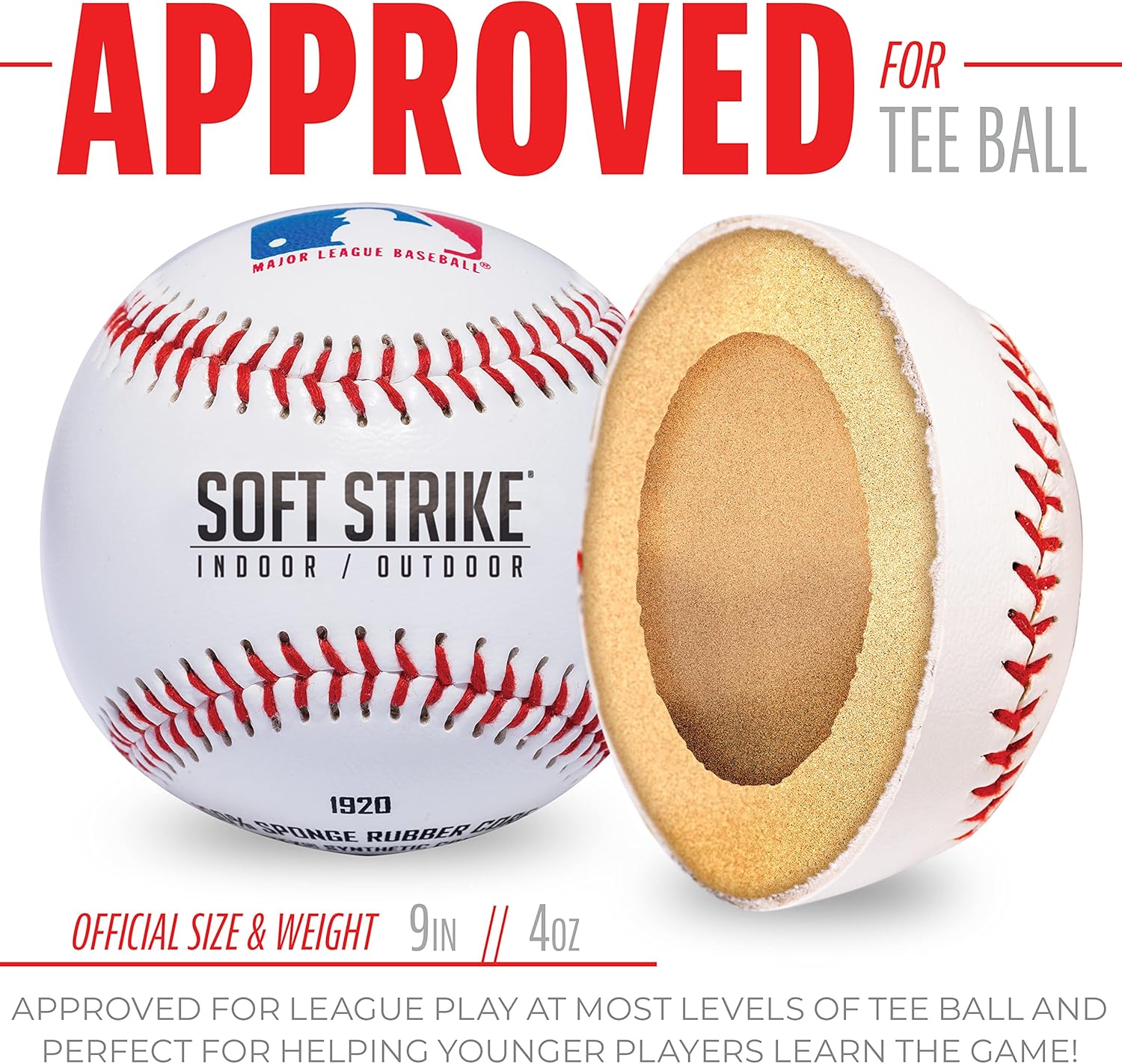 Franklin Sports Soft-Strike Teeball - Official Size and Weight Approved for Teeball - Hollow Rubber Core Technology for Safety - MLB Teeball Ball for Indoor/Outdoor Use