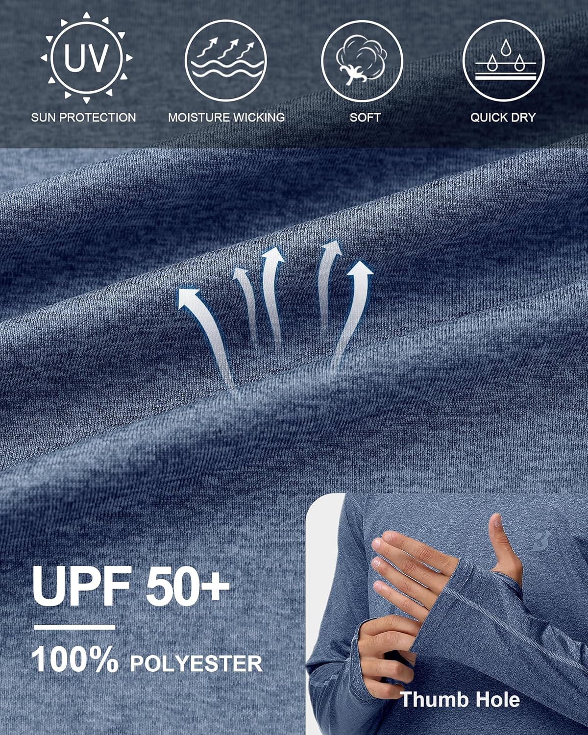 Roadbox Mens UPF 50+ Fishing Shirts, Long Sleeve UV Sun Hoodie, Hiking Running Swim Athletic Workout Shirt