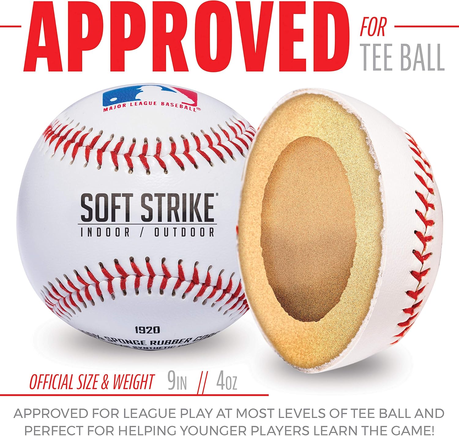 Franklin Sports Soft-Strike Teeball - Official Size and Weight Approved for Teeball - Hollow Rubber Core Technology for Safety - MLB Teeball Ball for Indoor/Outdoor Use
