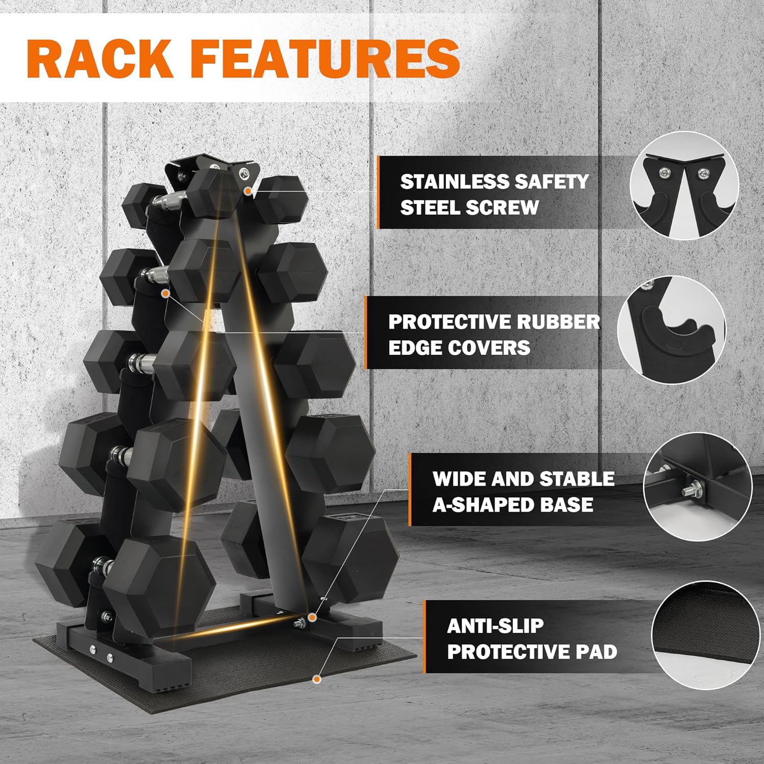 Fitvids Rubber Encased Hex Dumbbell Set with Rack, 5-20LB or 5-25LB Hand Weights with Anti-Slip Grip for Exercise & Fitness, Dumbbell Weights Set for Home Gym, 100LB or 150LB Set Options