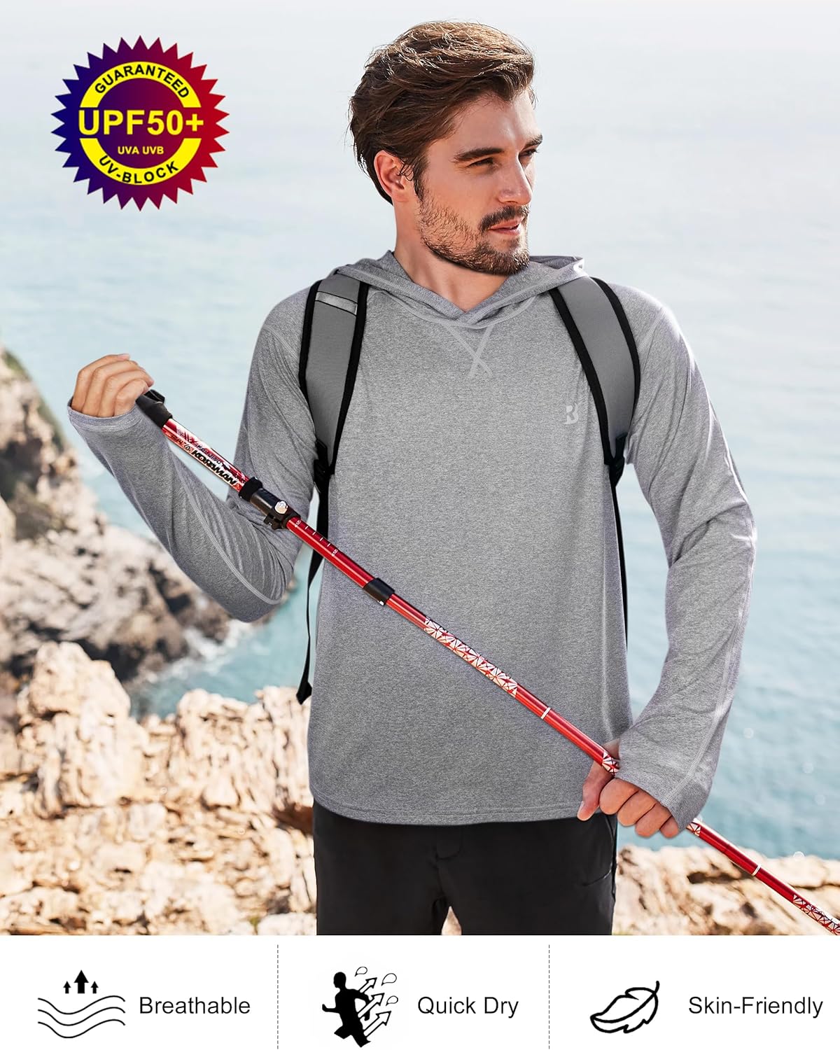 Roadbox Mens UPF 50+ Fishing Shirts, Long Sleeve UV Sun Hoodie, Hiking Running Swim Athletic Workout Shirt