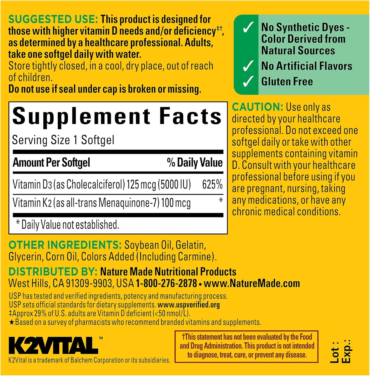 Nature Made Vitamin D3 K2 Supplement, 5000 IU (125 mcg) Vitamin D for Bone, Teeth, Muscle and Immune Support, 30 D3 and K2 Softgels, 30 Day Supply