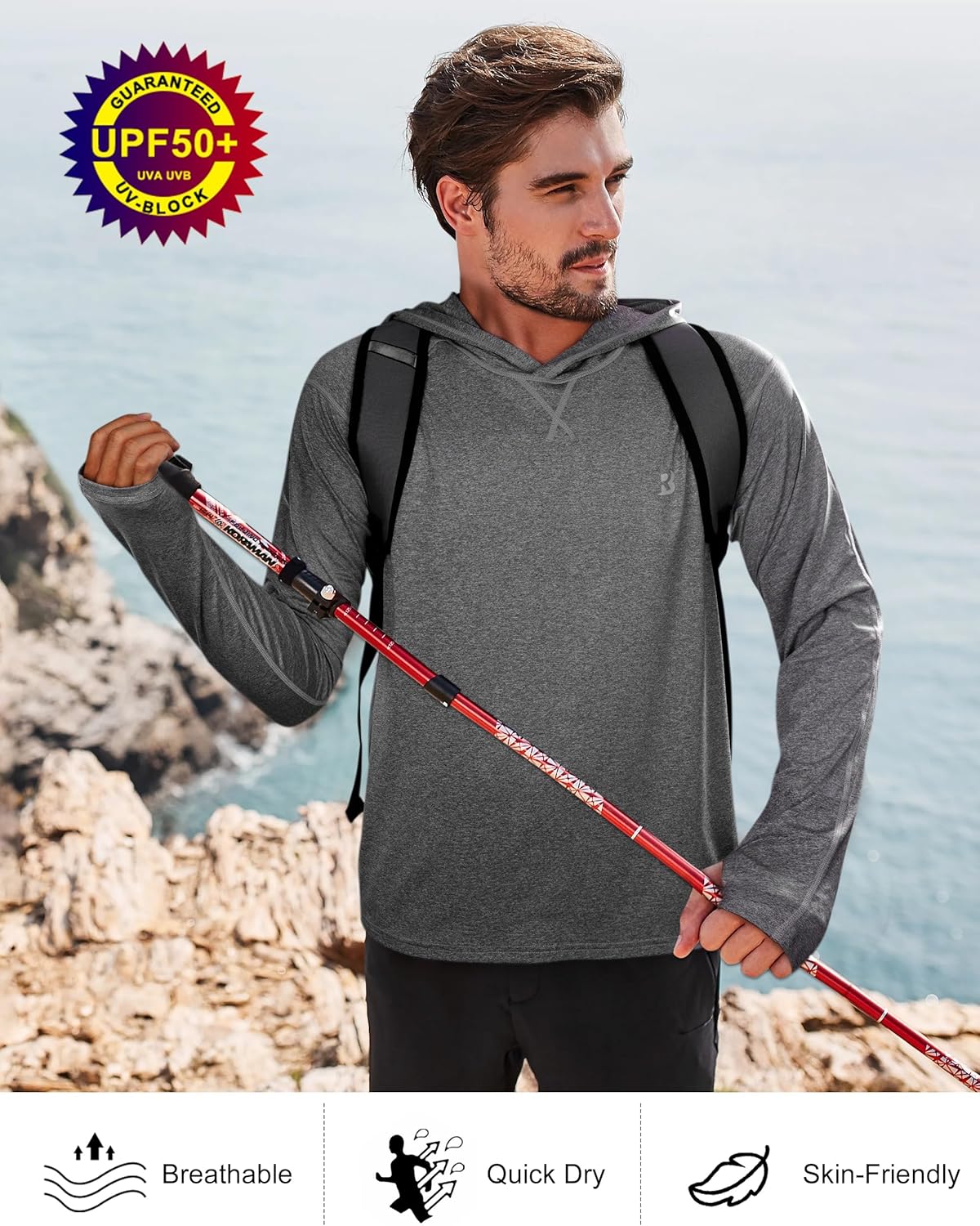 Roadbox Mens UPF 50+ Fishing Shirts, Long Sleeve UV Sun Hoodie, Hiking Running Swim Athletic Workout Shirt