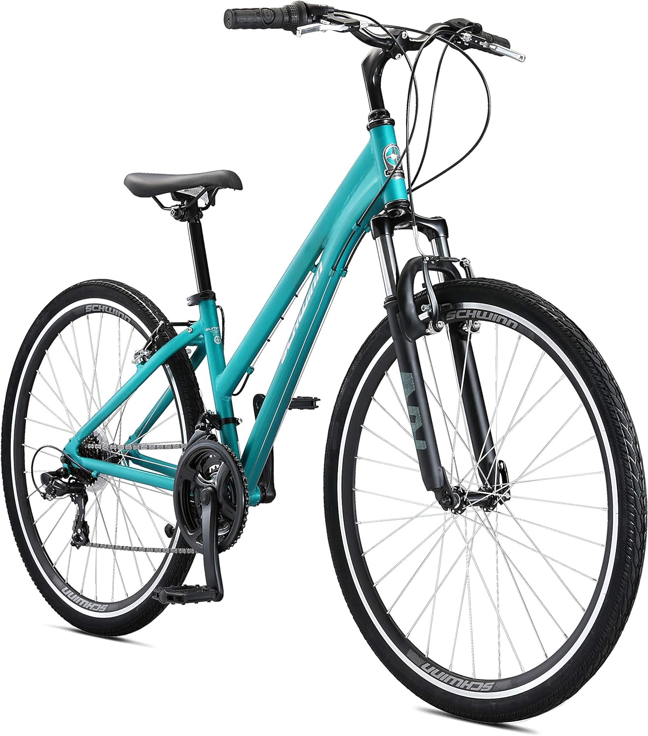 Schwinn Network 1 Hybrid Bike, 700c Mens and Womens Bike, 21-Speed Hybrid Bicycle, Aluminum Frame, Suspension Fork, Alloy Linear Pull Brakes, Adult Bicycle