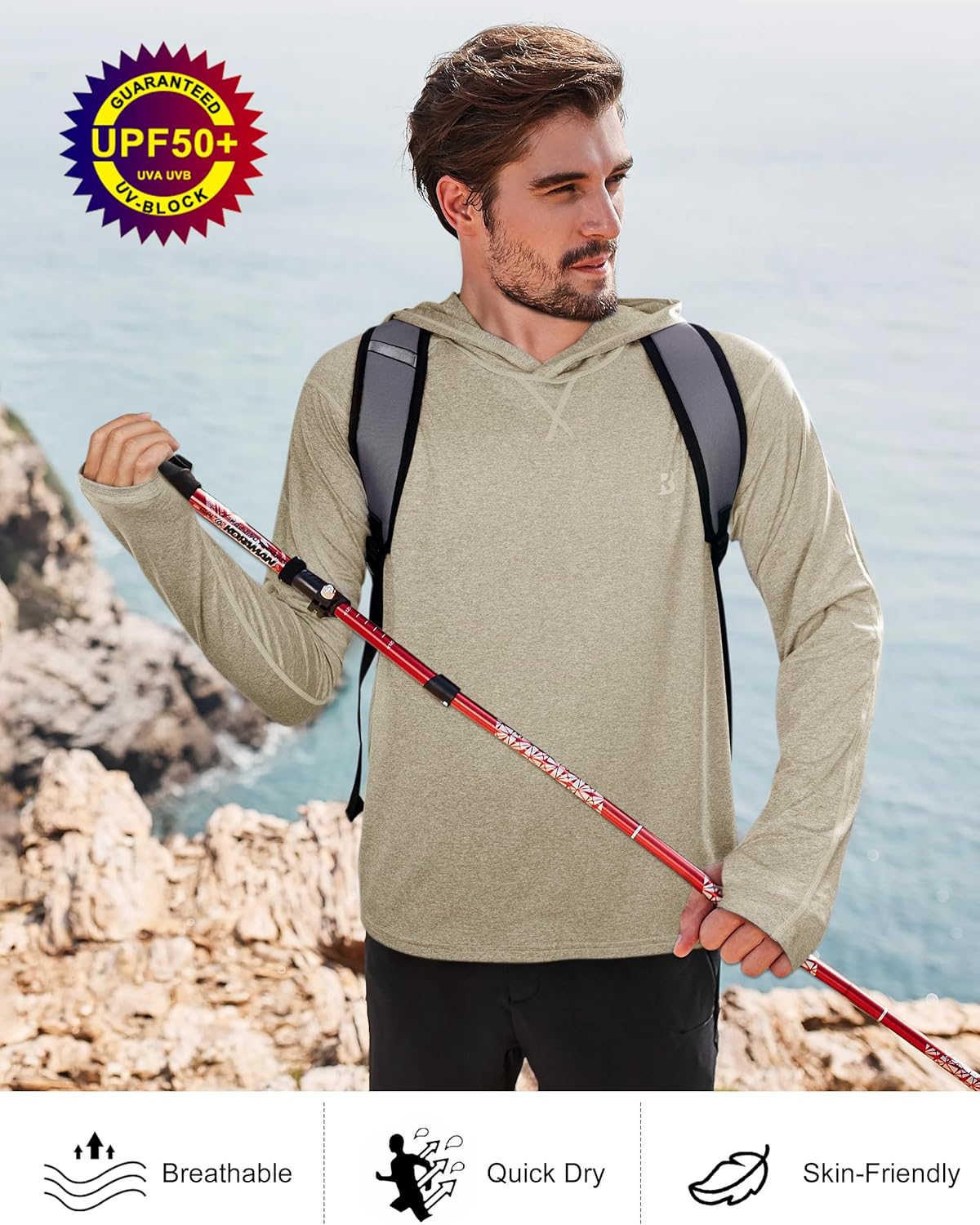 Roadbox Mens UPF 50+ Fishing Shirts, Long Sleeve UV Sun Hoodie, Hiking Running Swim Athletic Workout Shirt