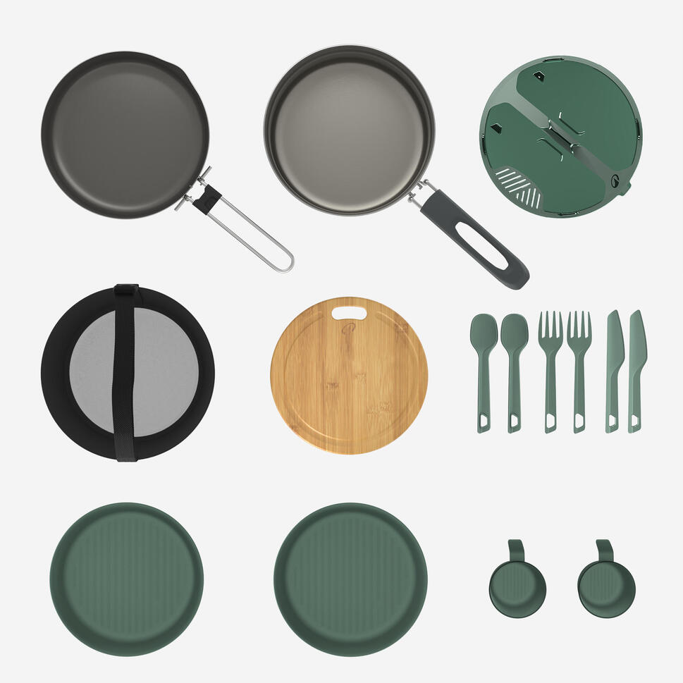 Quechua Stainless steel non-stick camping cookset 500 for 2 people - 15-piece